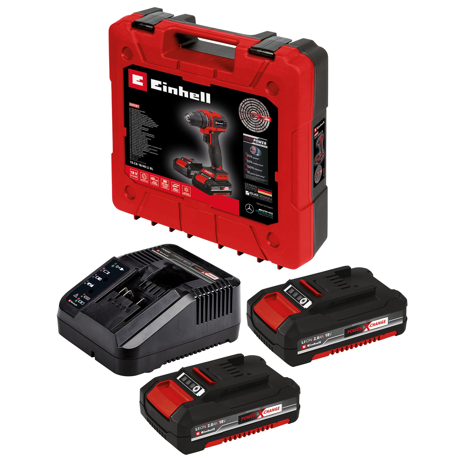 Einhell Taladro atornillador con batería TE-CD 18/40 Li BL Power X-Change (iones de litio, 18 V, 40 Nm, motor sin escobillas, electrónica de velocidad, 2x 2,0 Ah batería y cargador rápido)