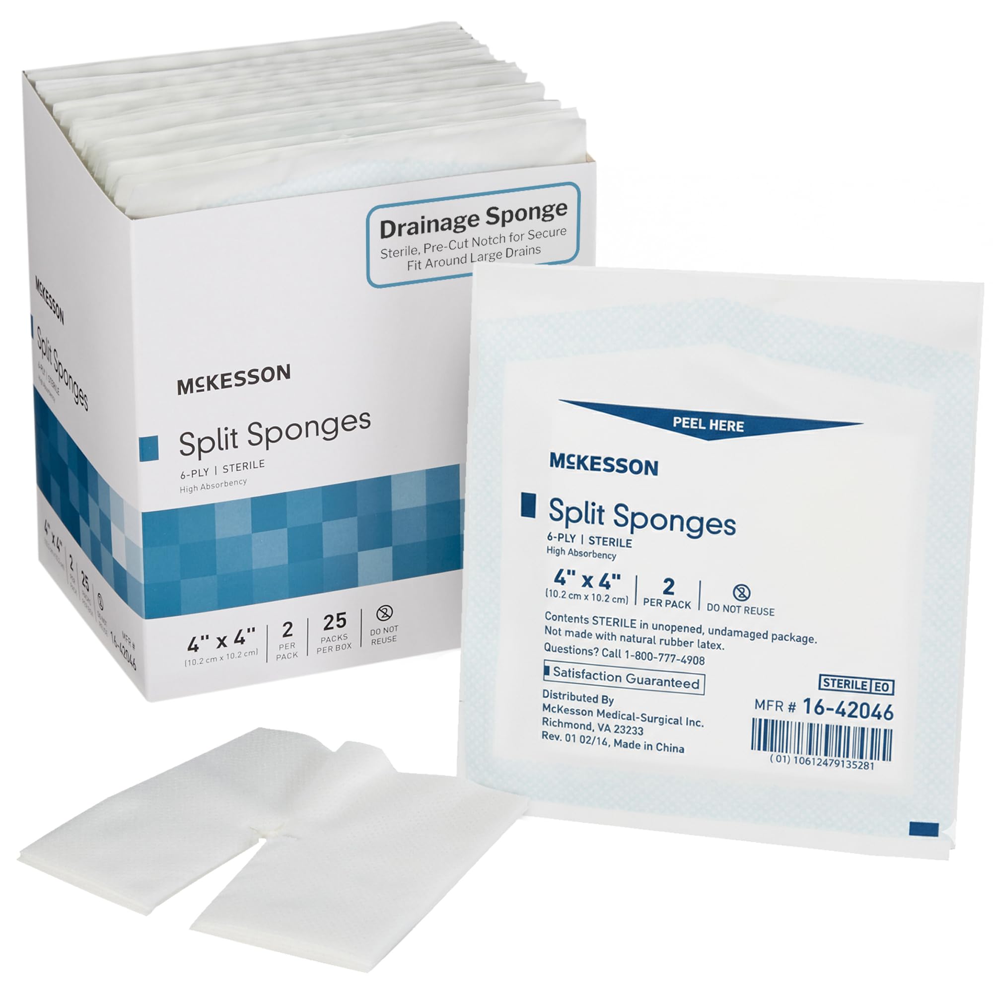McKesson Sterile Drainage Sponges 4x4 Inch (50 Sponges, 25 Packs of 2) Pre-Slit Surgical Drain Gauze Pads – 6-Ply Split Gauze for Wound Drains & Post-Op Care – 2 per Pack