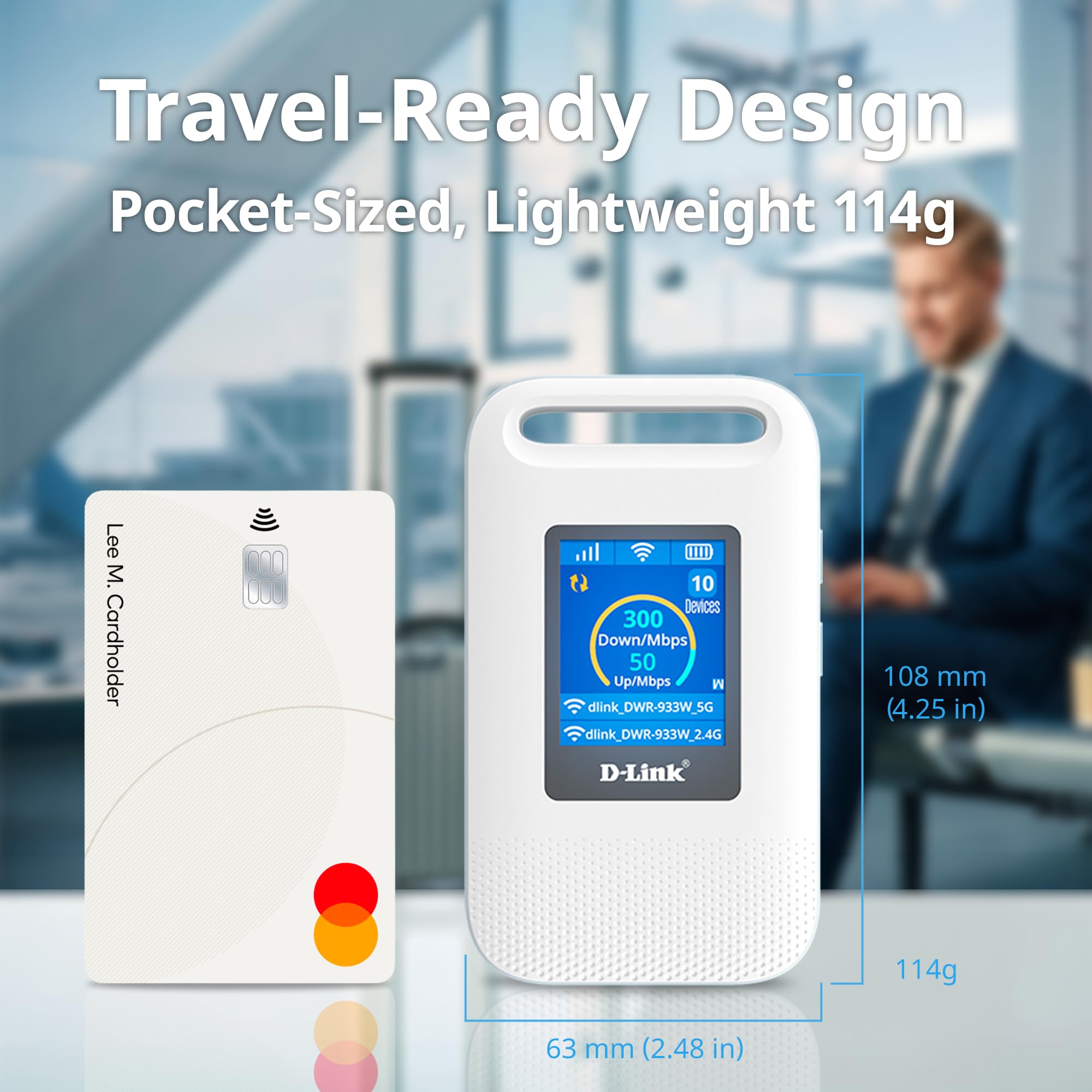 D-Link DWR-933W 4G LTE+ AX600 Wi-Fi 6 mobilny hotspot, przenośny router SIM z wyświetlaczem LCD, dwuzakresowo Wi-Fi, połączenie do 64 urządzeń, akumulator 3000 mAh, USB-C