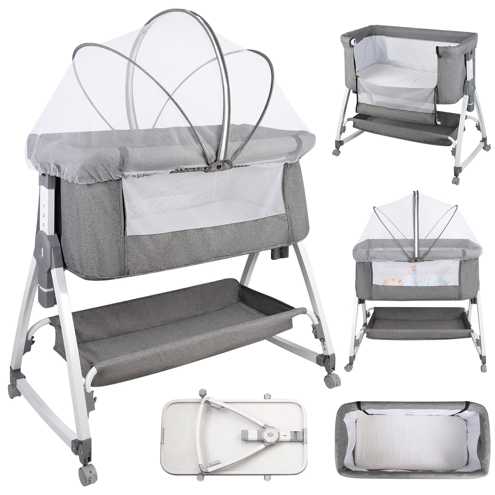 OHMG 4-in-1 Culla Neonato Fianco Letto,Lettino Dondolo con materassino, cinghie di fissaggio e rotelle,Regolabile In Altezza,Culla Co-sleeping,Facilmente Ripiegabile per Infanti