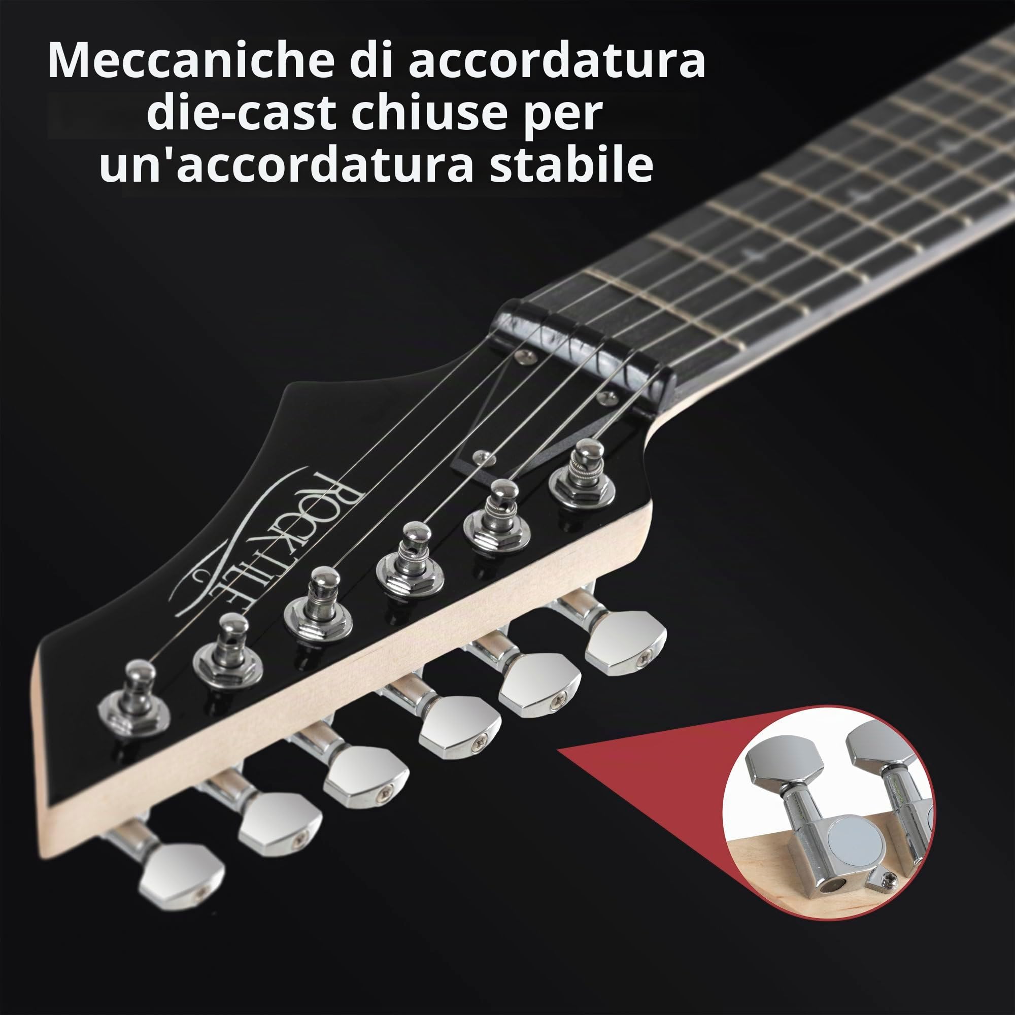 Rocktile Warhead Chitarra Elettrica AK20G Set, Modello: Warhead, Peso: 3 | Corpo: Tiglio, Manico: acero avvitato, 2 pickup humbucker, 24 tasti medi, Tastiera in legno duro selezionato, Inlays: Dot