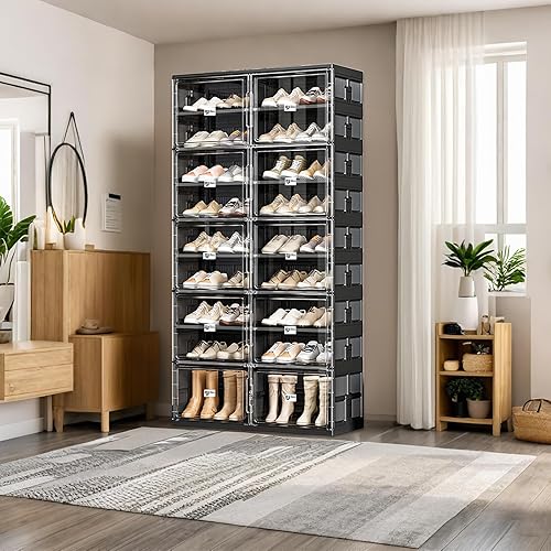 Miniatura 2 de 36 pares de gabinetes portátiles de almacenamiento de zapatos de instalación rápida de 3 pasos, caja organizadora de zapatos plegable negra con