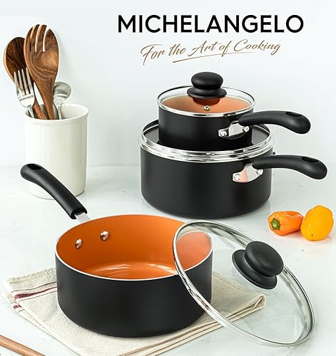 Miniatura 7 de MICHELANGELO Cacerola antiadherente con tapa de 1QT, 2QT y 3QT, juego de cacerolas de cerámica, cacerolas de cobre, cacerola no tóxica, juego de