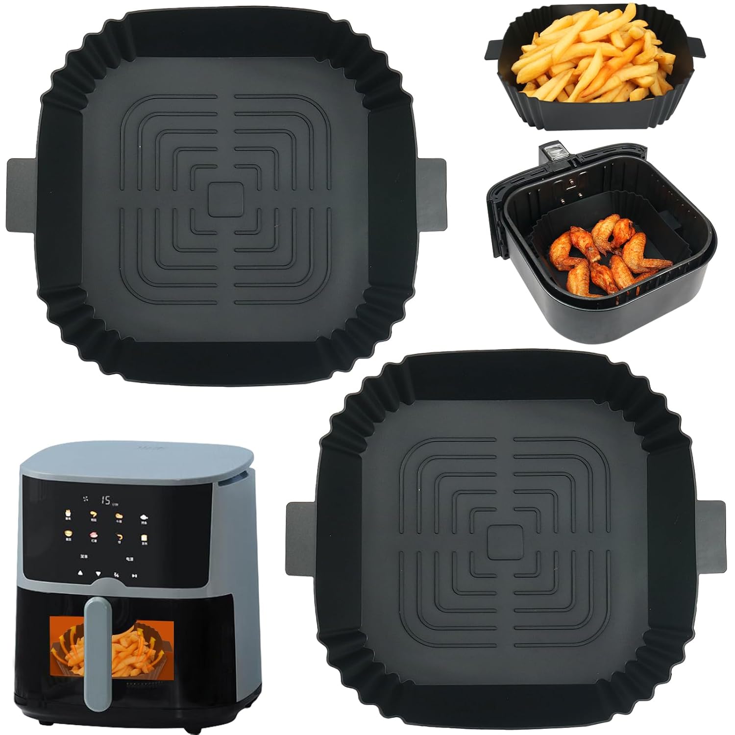 GINOYA Air Fryer Liners, 2PCS Silicone Accessories for Tefal, COSORI, Philips, Gourmia, 8 inch Square, Dishwasher Safe, Handles, Food-Grade Material, Wide Application GINOYA Air Fryer Liners, 2PCS Silicone Accessories for Tefal, COSORI, Philips, Gourmia, 8 inch Square, Dishwasher Safe, Handles, Food-Grade Material, Wide Application