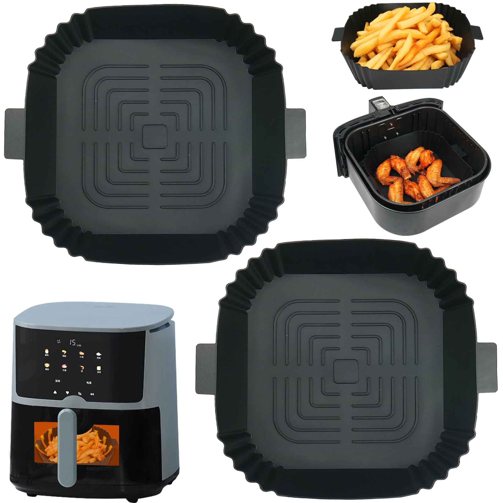 GINOYA2PCS Air Fryer Liners for Tefal, 8 inch Square Silicone Air Fryer Accessories for 3.5L-5.5L COSORI Tower FABULETTA Philips Gourmia Air Fryer(Inner 6.5Inch, Black)