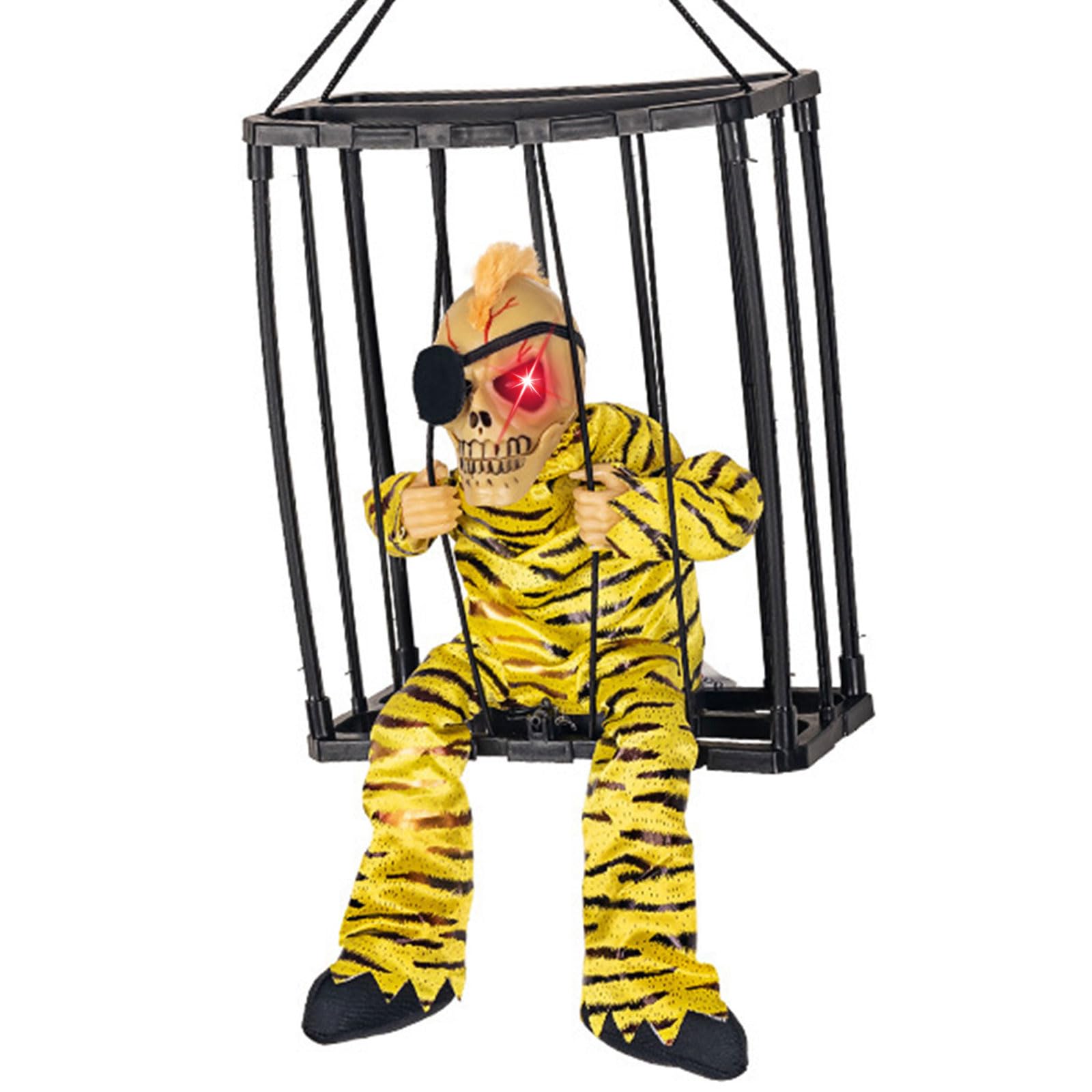 Screaming Skeleton Prisoner Halloween Decorations with Motion Sensor, LED Light Up Eyes & Spooky Sound, Halloween Animatronics Hanging Ghost Cage for Indoor Outdoor Haunted House Decor (G)