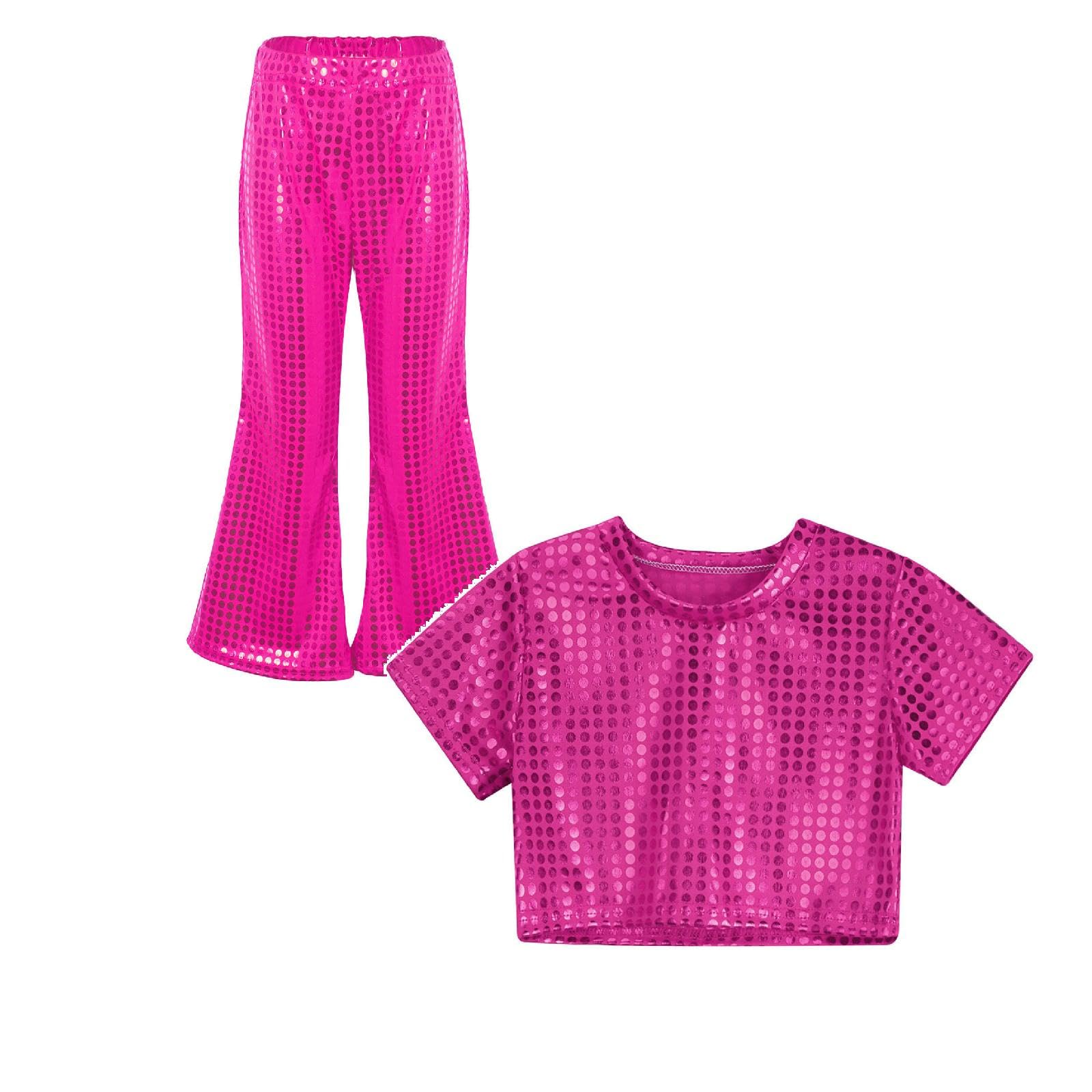 Kids Sequin Top and Flared Pants Two Piece Outfit Boys Girls Sparkly Metallic Crop Top Hip Pop Disco Party Dance Shiny Trousers Y2K Streetwear Dancewear for Carnival Jazz Dance Costume