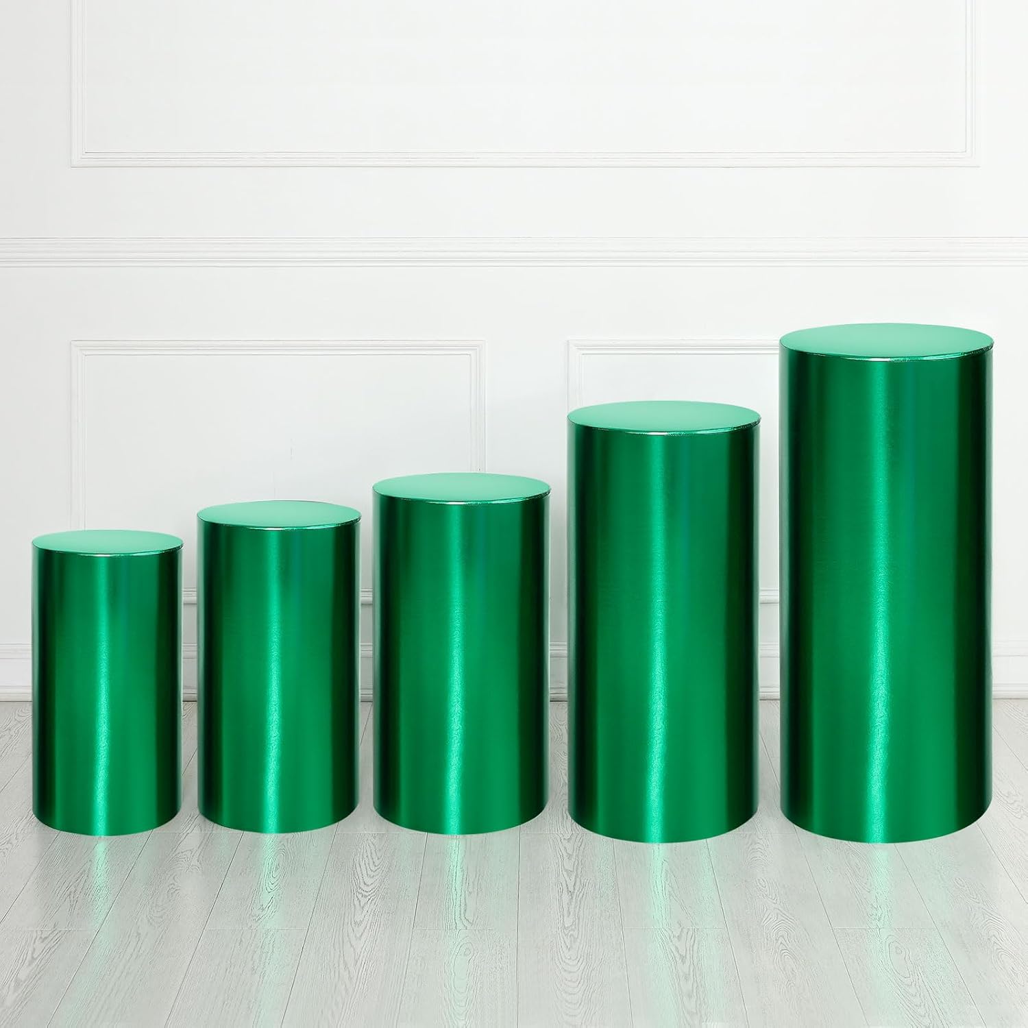 uxcell Set of 5 Green Cylinder Spandex Stand Covers, Plinth Stand Cover for Party Wedding Birthday Decoration, Only Contains Cylinder Covers (Foil Fabric)