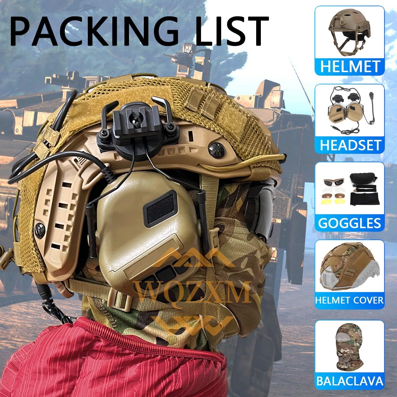 Casque Airsoft Rapide, avec Microphone Casque Fonctionnel Tactique, Lunettes Tir Quadrichromiques, Housse Casque Et Cagoule, pour Cosplay Military Tactical Airsoft Gear(Tan)
