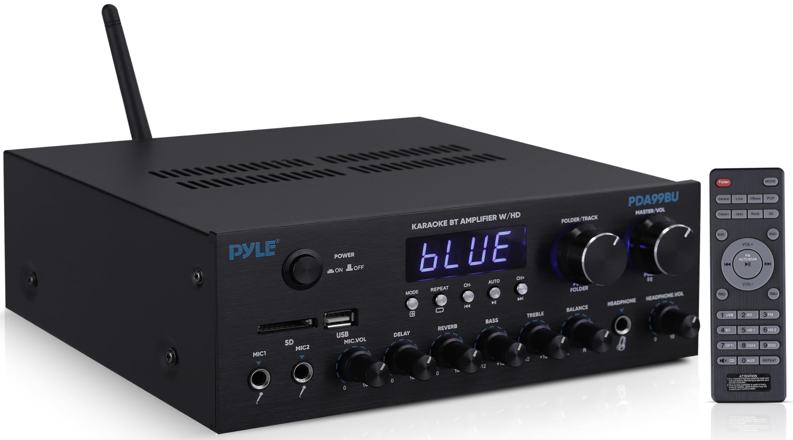 Bluetooth HD Home Audio Amplifier Receiver Stereo 300W Dual Channel Sound Audio System, MP3, USB, SD, AUX, RCA, MIC, Headphone, FM, LED, Reverb Delay, for Home Theater Speakers, Studio - PDA99BU