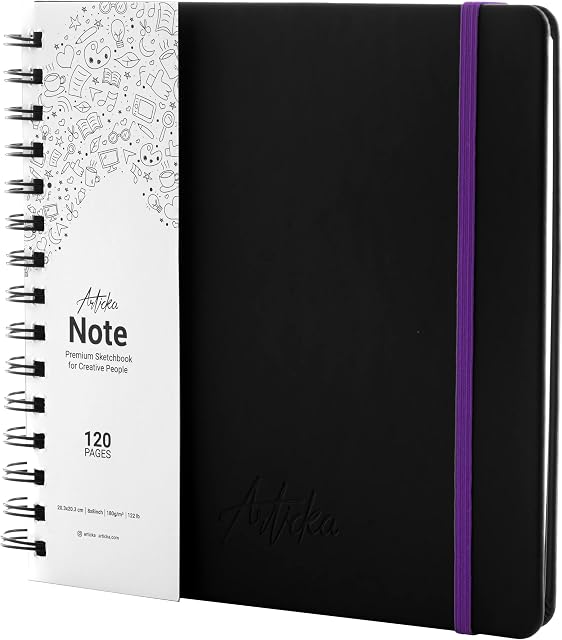 Articka Note Spiral Bound Hardcover Sketchbook  Square Hardbound Sketch Journal - 8x8 Inch Art Book - 120 Pages - Elastic Closure - 180GSM Premium Paper - Ideal for Pencils, Graphite, Charcoal, Pen