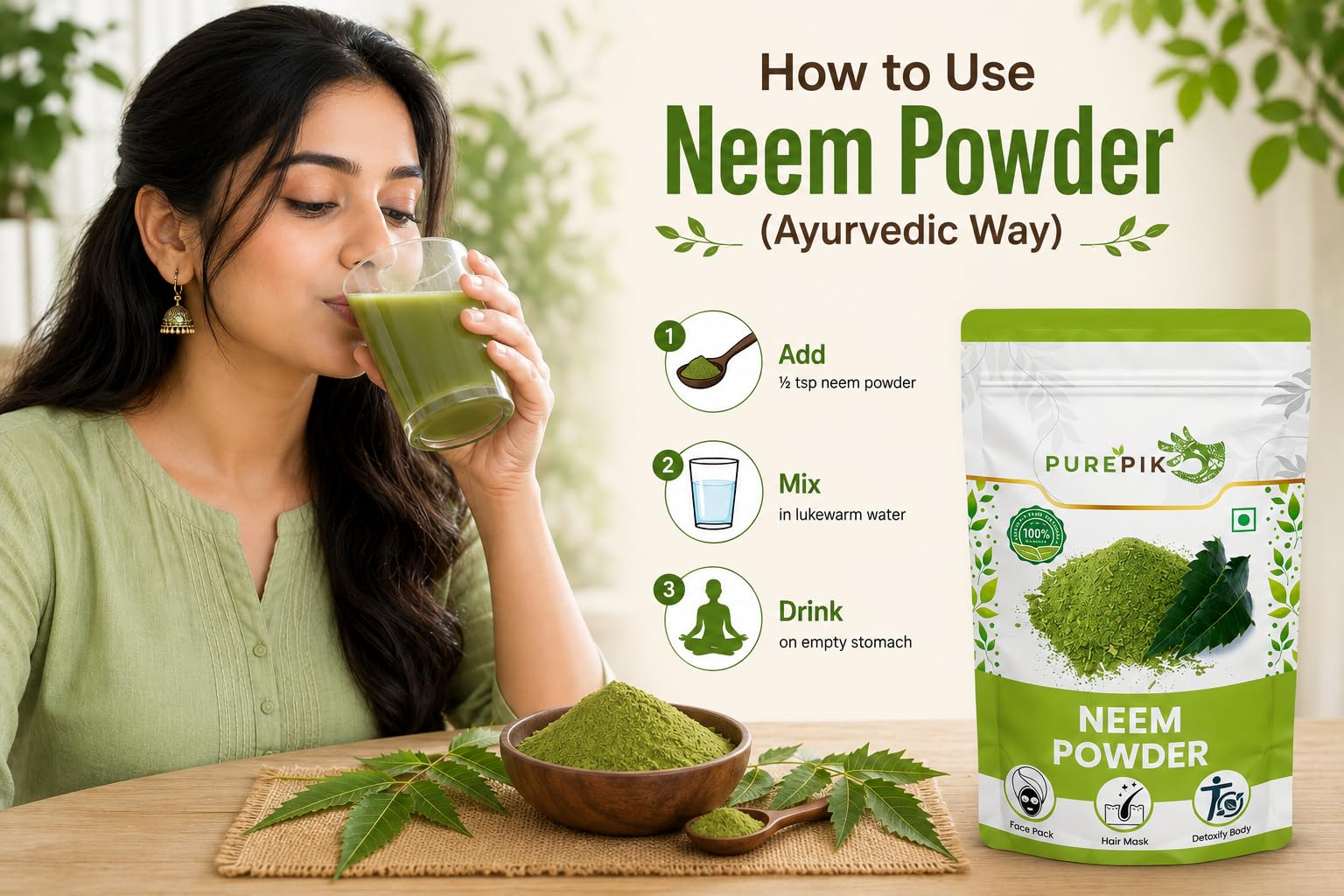 Pure Pik Neem Powder 200 Gram | Neem Powder for face Pack,Hair,Skin,Eating 1