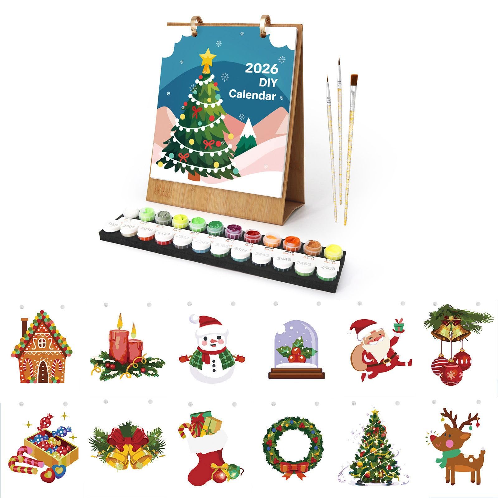 Paint by Numbers Desk Calendar 2026, Paint by Numbers Kits Flower Plant Desk Calendar, Oil Painting Kit Calendar, Drawing Calendar Present-05-Christmas
