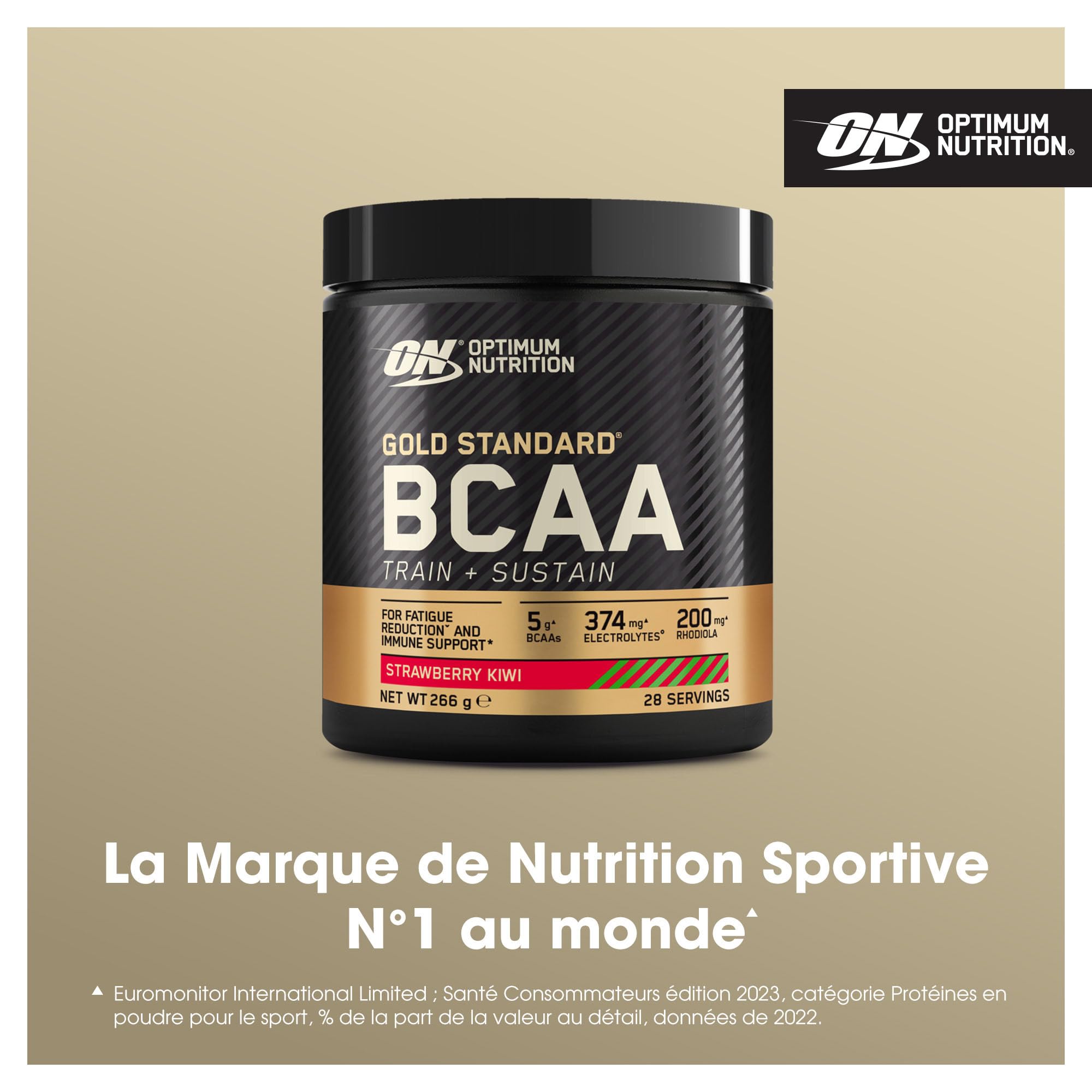 Optimum Nutrition Gold Standard BCAA Train + Sustain, poudre d'acides aminés pré-entraînement, boisson sportive, vitamine C, zinc, magnésium et électrolytes, saveur fraise & kiwi, 28 doses, 266 g