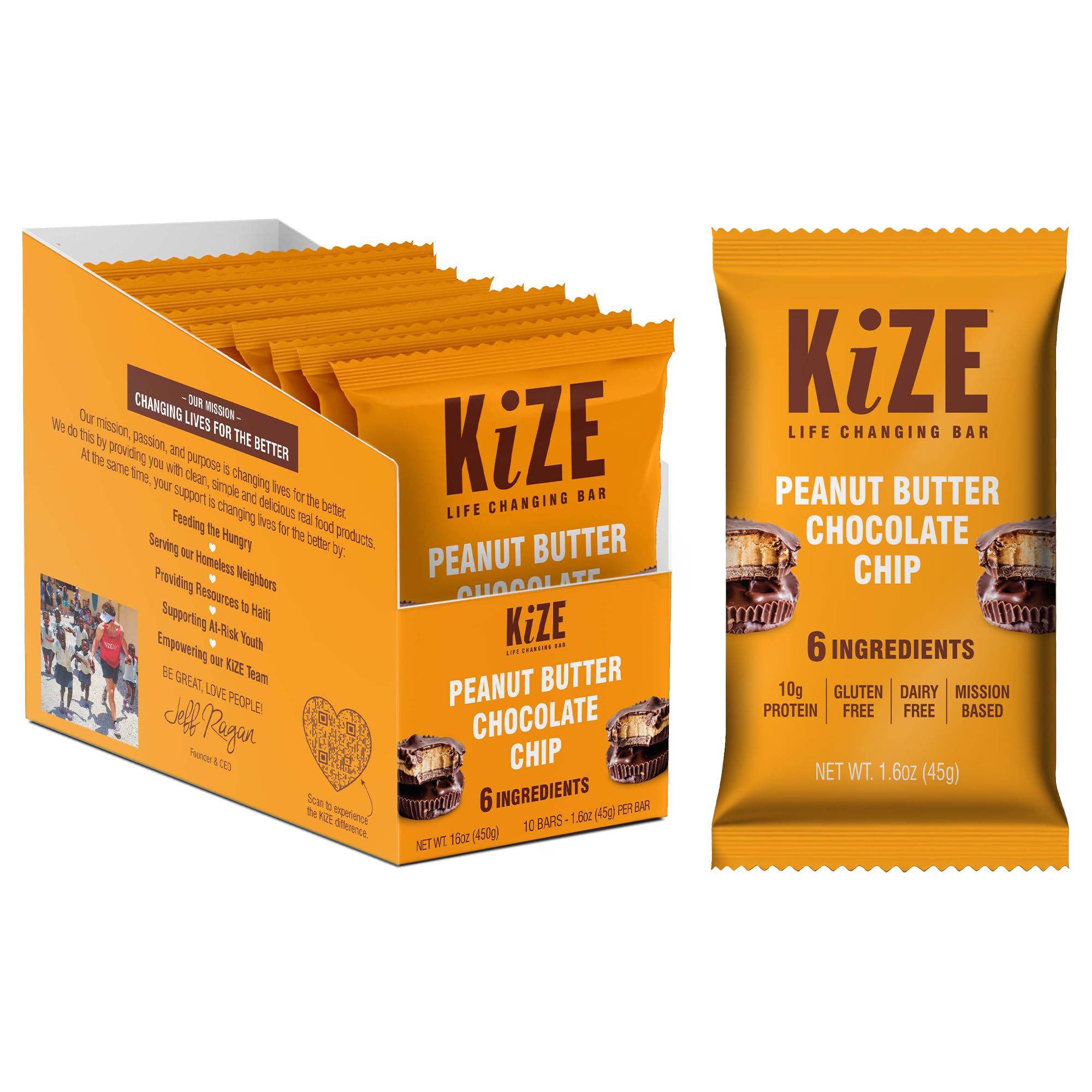 KiZE Energy Bars - Peanut Butter Chocolate Chip - Gluten Free, Dairy Free, Non-GMO, and High Protein Meal Replacement Energy Bars, Clean and Simple Food Ingredients - 10g High Protein Snacks, (10 Count)