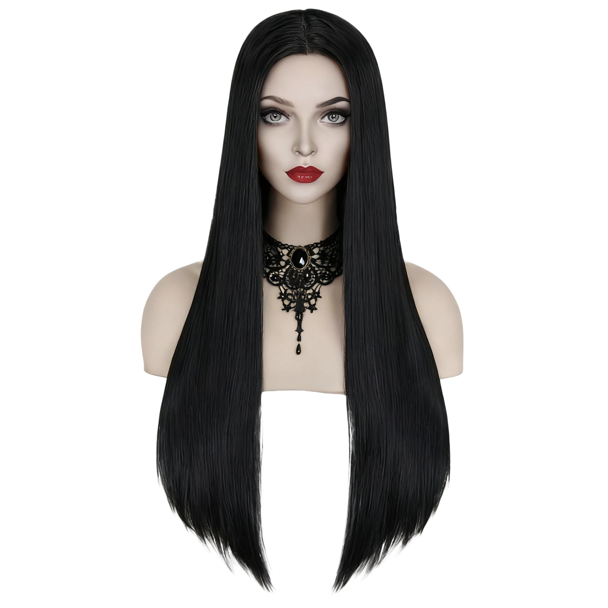 FOVER Pelucas Negras Para Disfraz Gótico Para Mujer, Peluca Larga Negra Con Collar, Pelucas Naturales, Lindas Y Rectas Fe029Bk