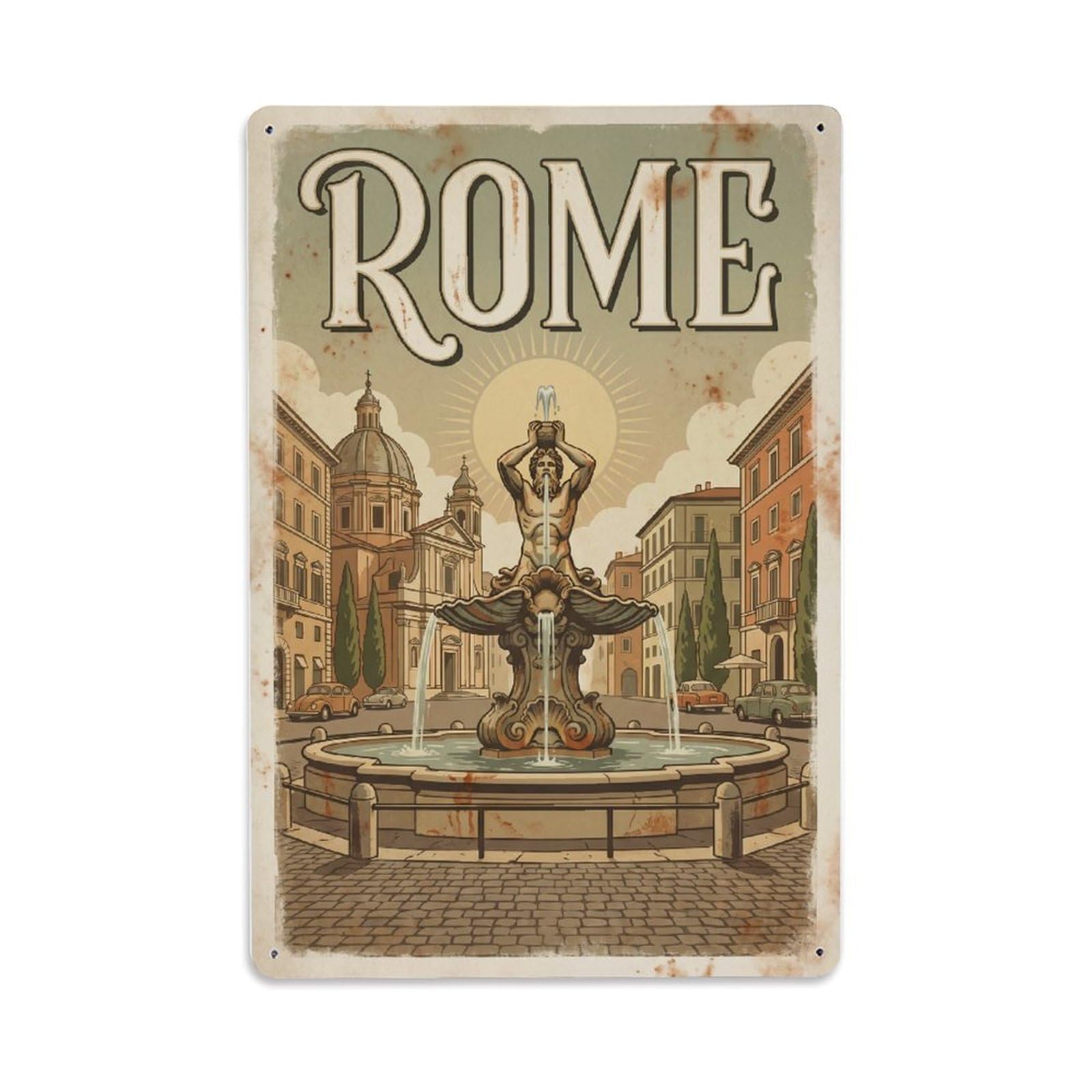Vintage Travel Rome Piazza Barberini Triton Fountain Rusted Italy Metal Tin Sign Plaque Wall Decor for Cafe, Club Bar, Office, Home Garden Metal Poster 8x12Inch