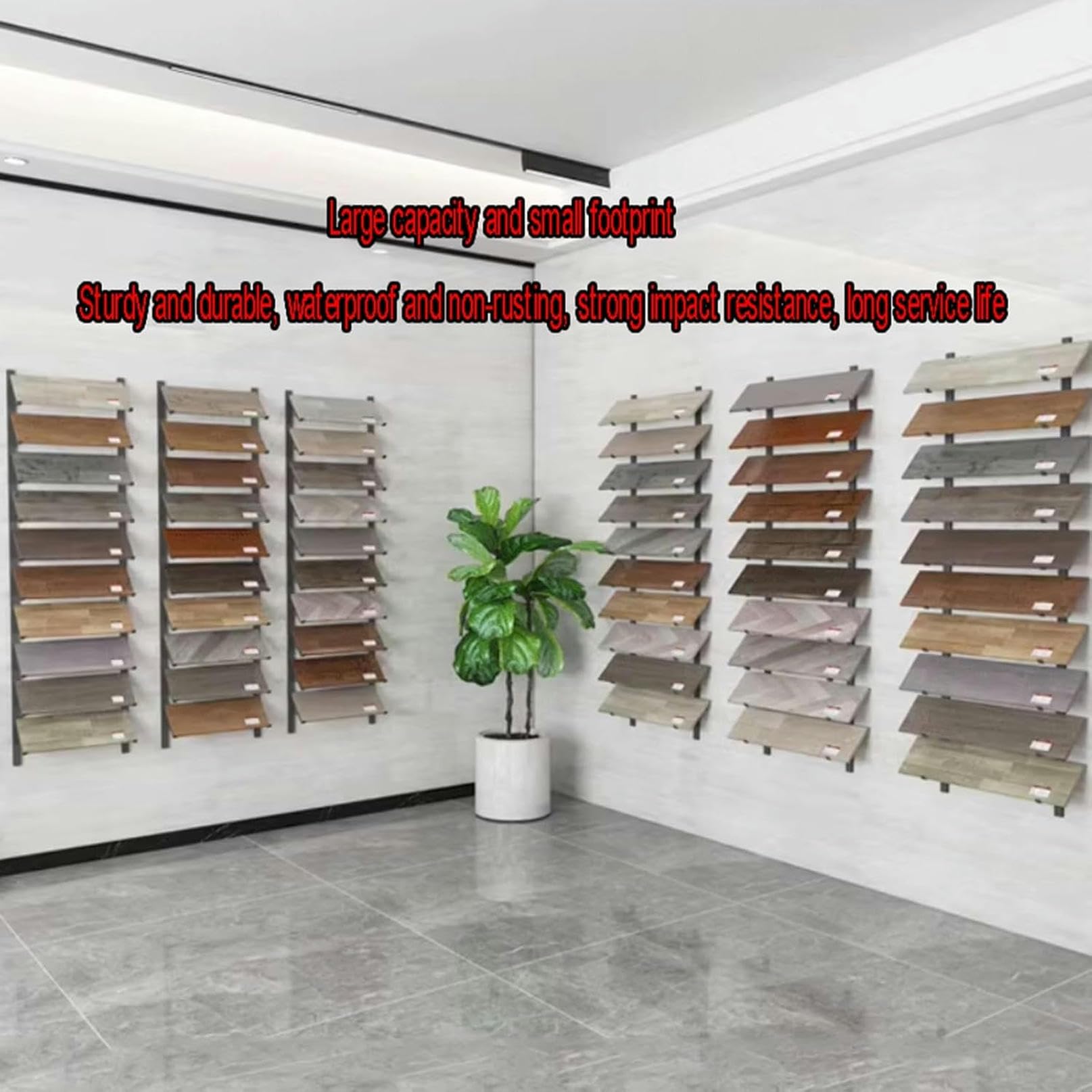 Présentoir mural polyvalent en métal et bois à 10 niveaux pour échantillons de carrelage – Vitrine murale polyvalente pour matériaux de construction, idéale pour la rénovation de la maison et la vente