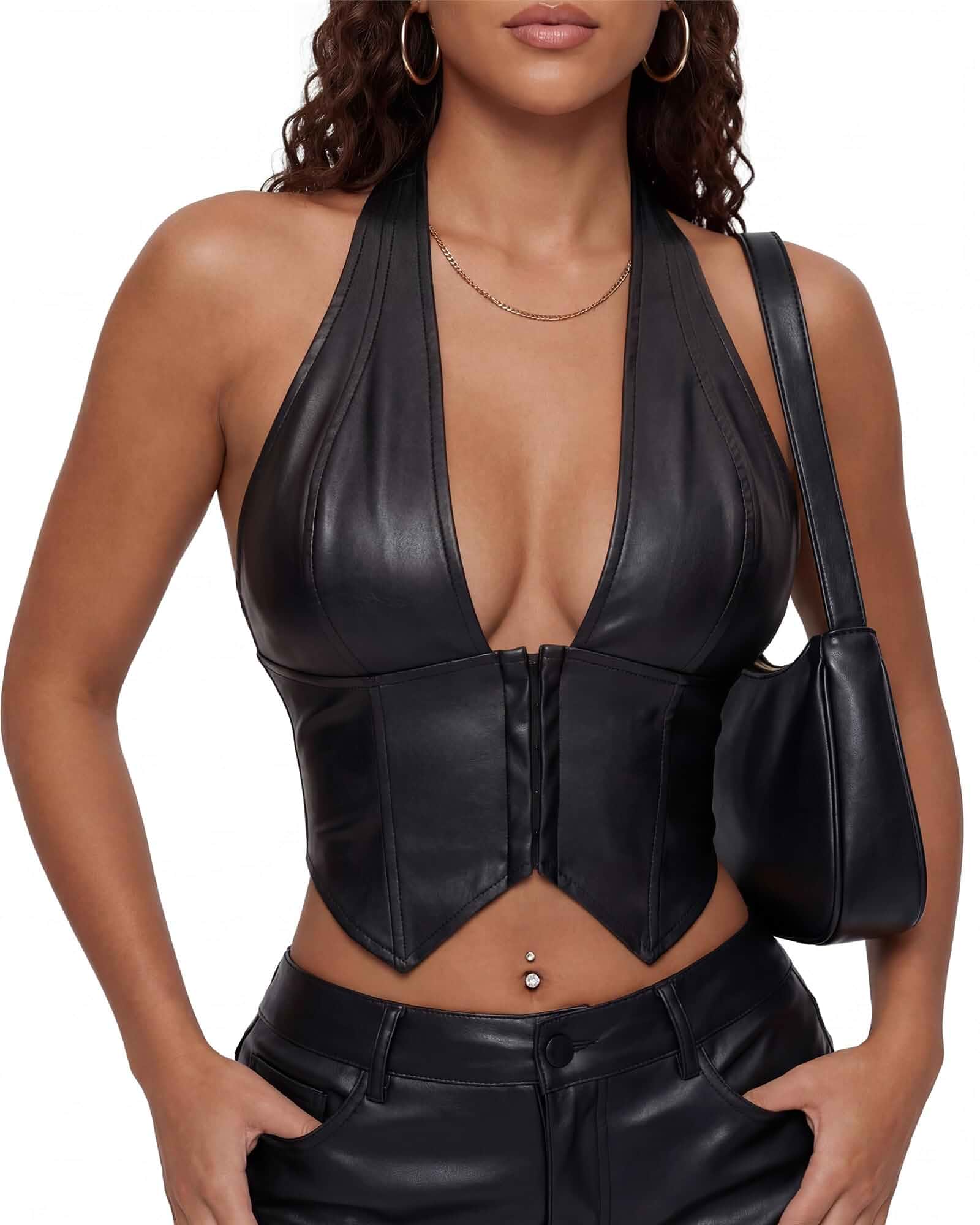 Women's PU Leather Halter Top Y2k Western Cowgirl Top Sexy Deep V Backless Country Concert Outfits Sleeveless