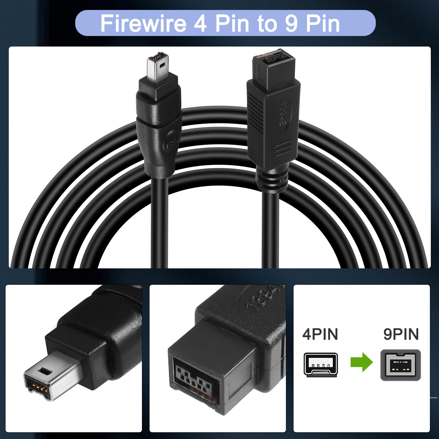6FT Cavo Firewire 400, cavo adattatore IEEE 1394 Firewire da 9 pin maschio a 4 pin maschio Cavo Firewire DV per stampante, PC, scanner, videocamera (9PIN a 4PIN)