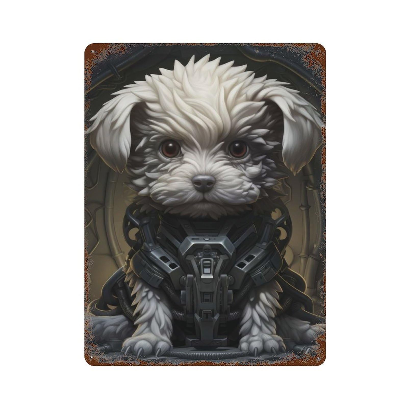 Futuristic Maltese Dog Art - Sci-Fi Canine Illustration for Pet Lovers Decorative Tin Sign 15.7"x11.8", Ideal for Garage, Bar And Workshop Decor