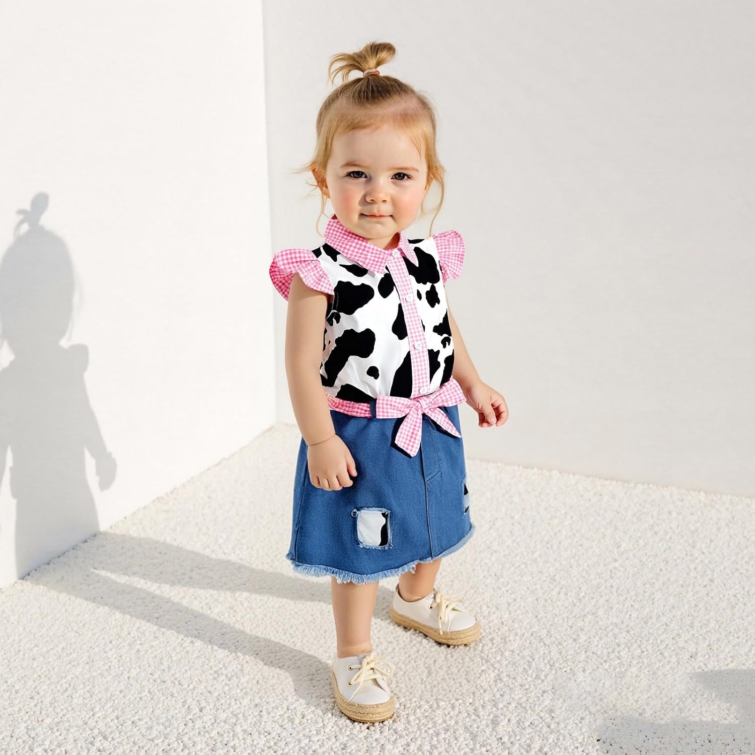 Toddler Cowgirl Outfit Girl Denim Skirt Set Cow Print Shirt Button Down Top and Skirt Kids Jeans Set Western Clothes