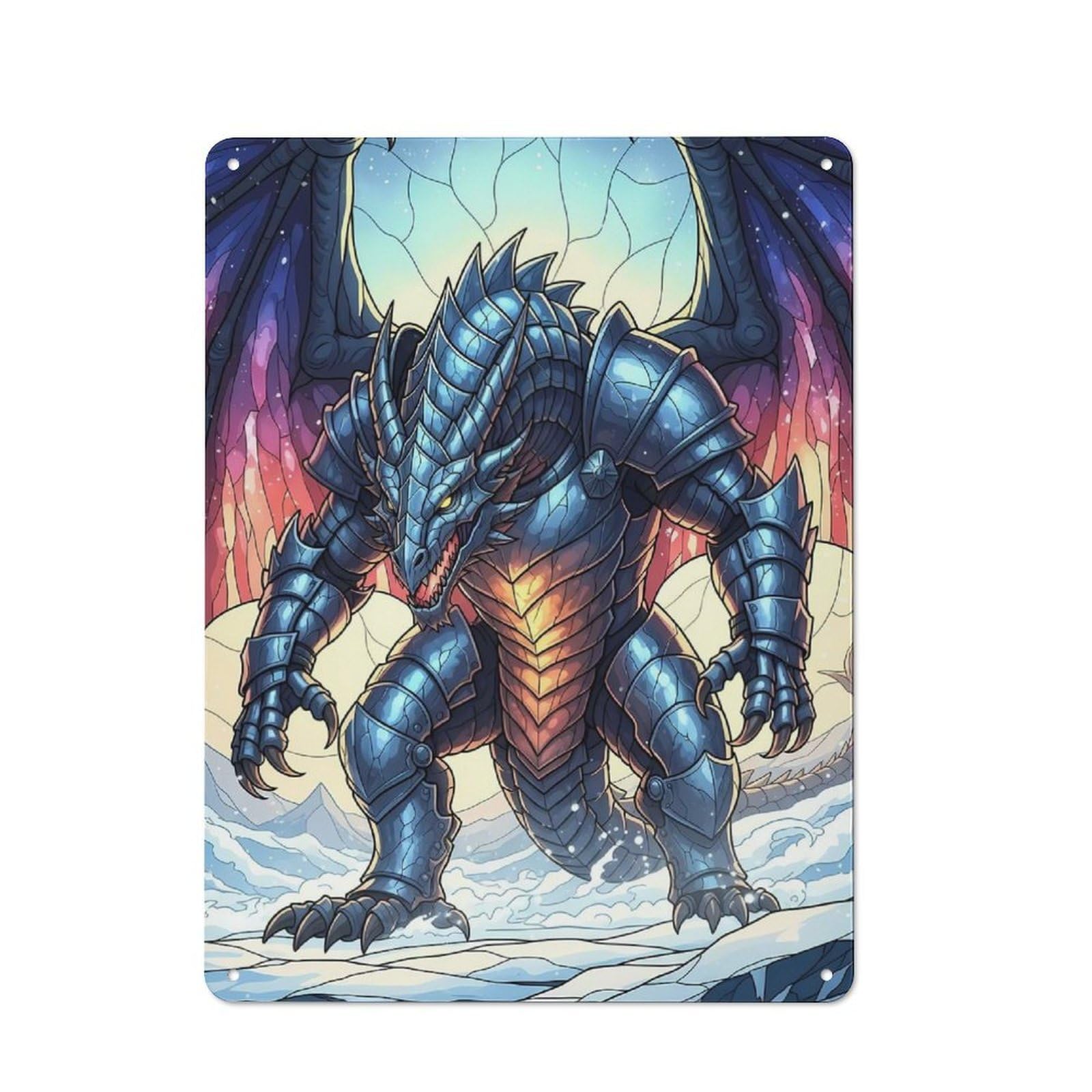 Junmoney Armored Dragon In Snowy Landscape Classic Metal Wall Sign 40X30cm, Pub Wall Decor For Diner, Restaurant, Shed Or Kitchen