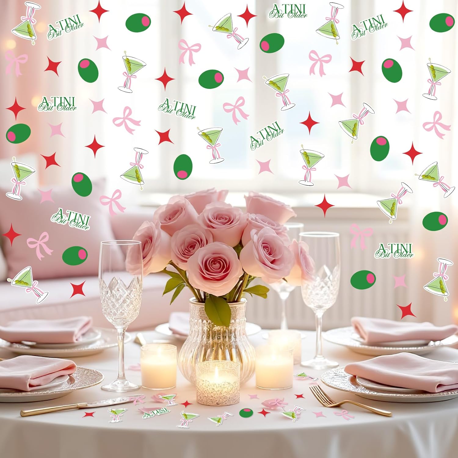 Whaline 300Pcs Martini Bachelorette Table Confetti Olive Green A Tini Bit Older Cocktail Pink Bow Table Centerpieces for Bridal Shower Wedding Party Decoration