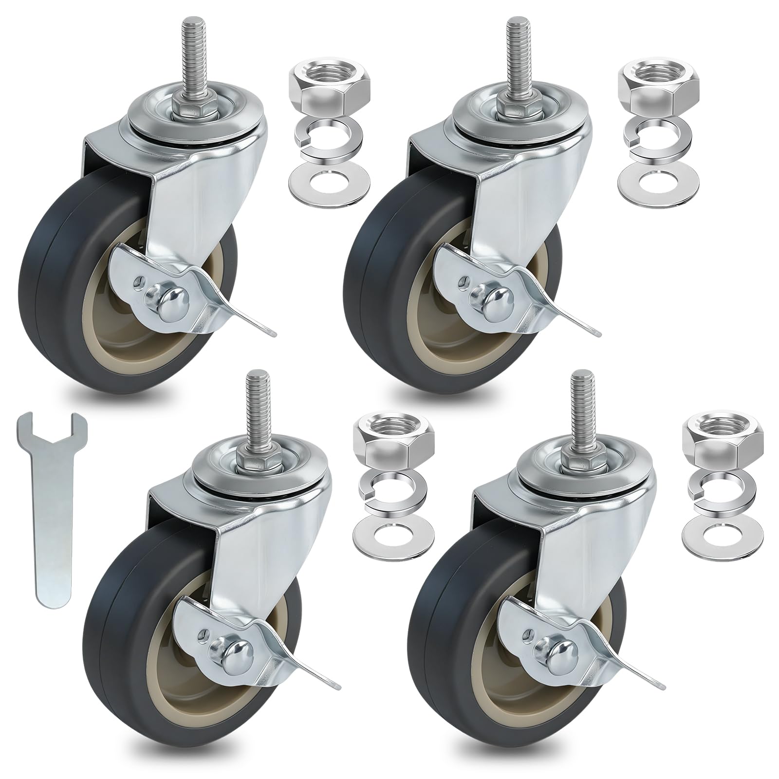 AAGUT 3 Inch TPR Stem Casters, Standard US 5/16"-18 x 1 Threaded Stem Castors, Locking Swivel Replacement for Furniture, Workbench Set of 4