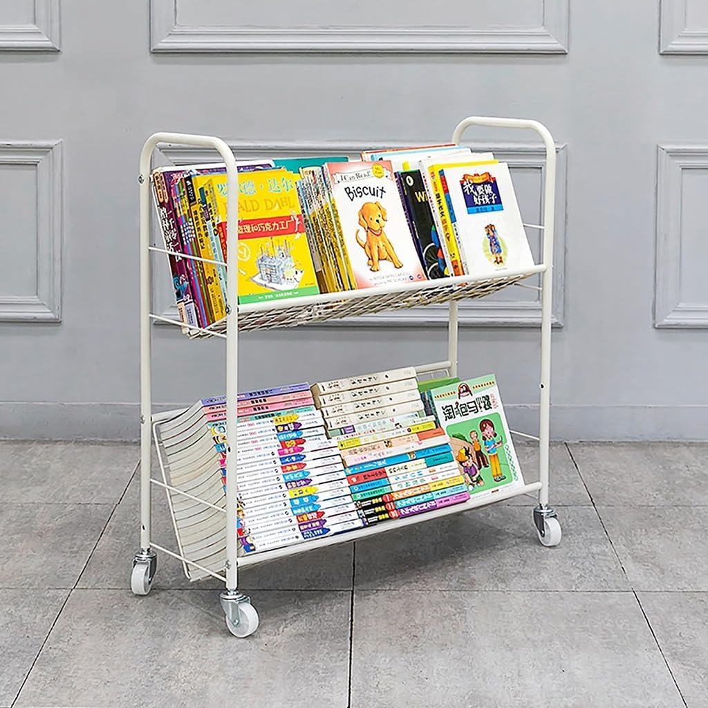 Rolling Book Cart, Moveable Bookshelf Organizer, Metal Shelving Book Carts with Wheels, Multifunctional Storage Trolley Bookcases for Office, Classroom, Library,3 Floor,2floor