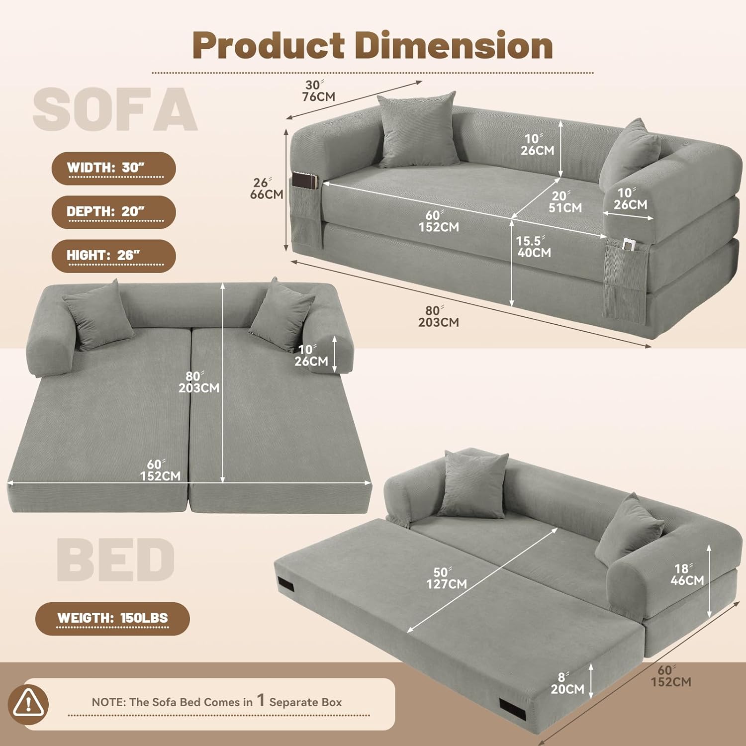 80 Inch Convertible Sofa Bed,Folding Pull Out Couch with Pillows & Storage Pocket,Corduroy Queen Sleeper Sofa in a Box,No Assembly Boneless Couch for Living Room,Light Gray