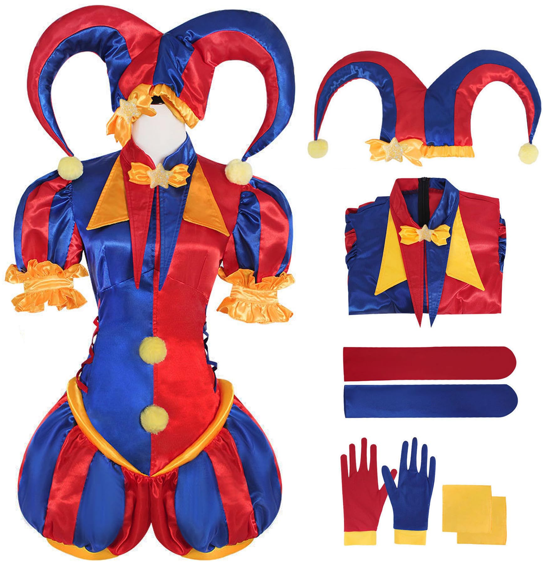YOGLY Pomni Clown Cosplay Costume with Hat Adult Fancy Dress Up Clown Pomni Outfit Jumpsuit and Gloves Socks for Unisex Carnival Halloween Party Masquerade Performance Clown Costume