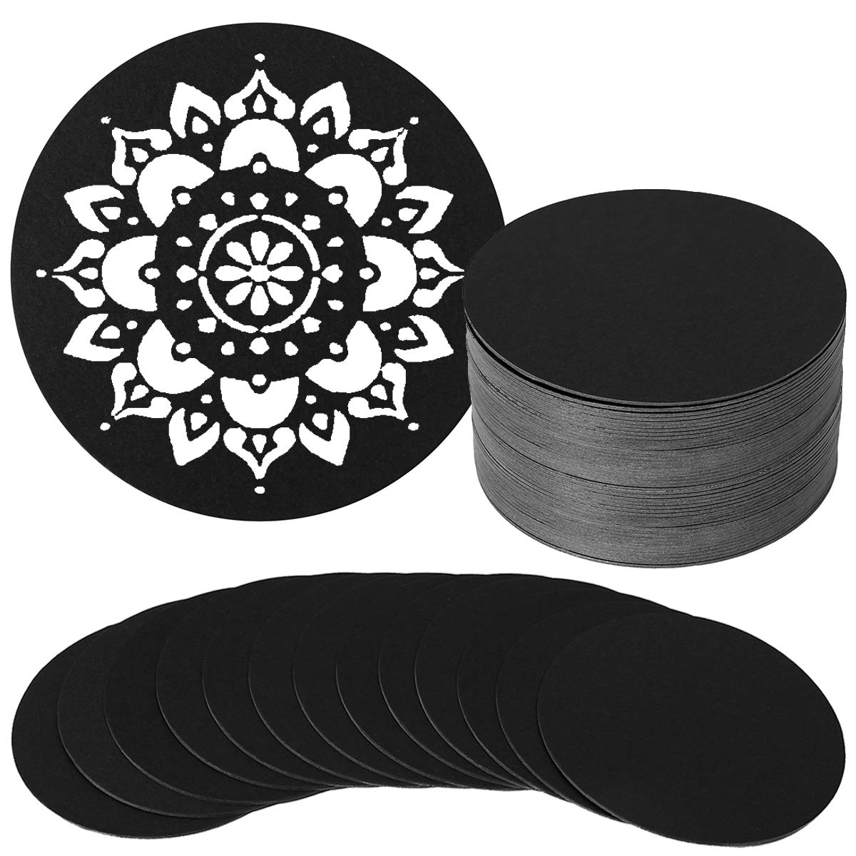 Homtable 36 Pieces Round Black Kraft Cards Cardstock Thick Kraft Paper Coaster Cards Blank Cardstock Slices for Mandala Painting DIY Coasters Painting Writing and Decorations (Black)