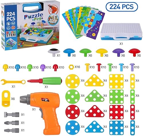 Miniatura 6 de Juguetes de construcción STEM para niños de 4 a 8 años  Kit de taladro y construcción STEM de 224 piezas con destornillador, tablero de clavijas,