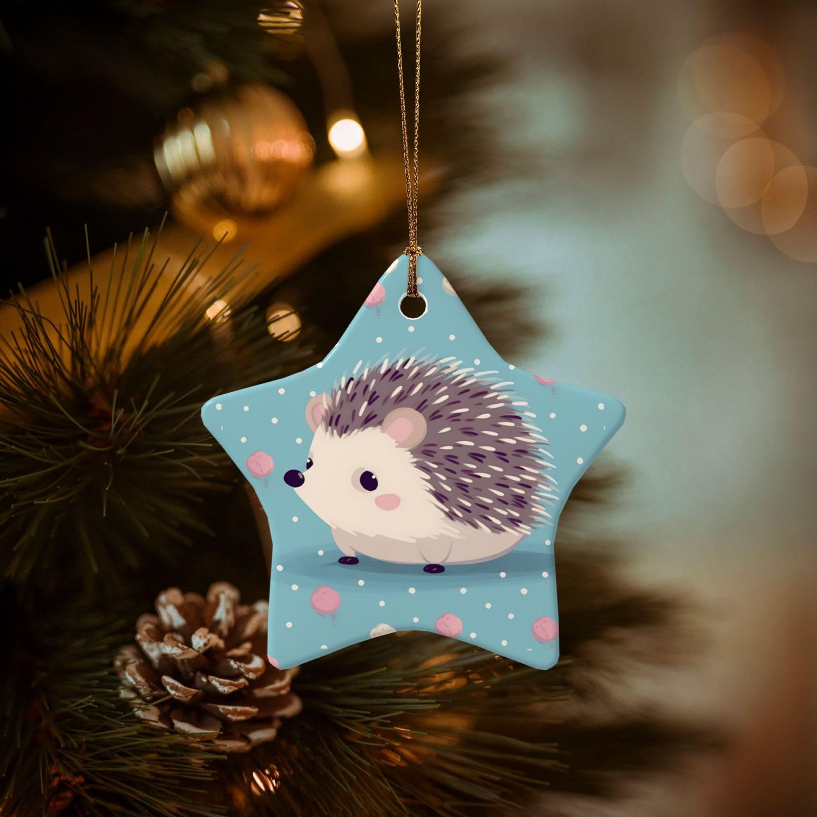 Christmas Ornaments for Christmas Tree Decoration Hanging Hedgehog Polkadot Ornament with Gold Ribbon Crafts Star Shape Ceramic Pendant for Keepsake Gifts Xmas Decor Party Supplies