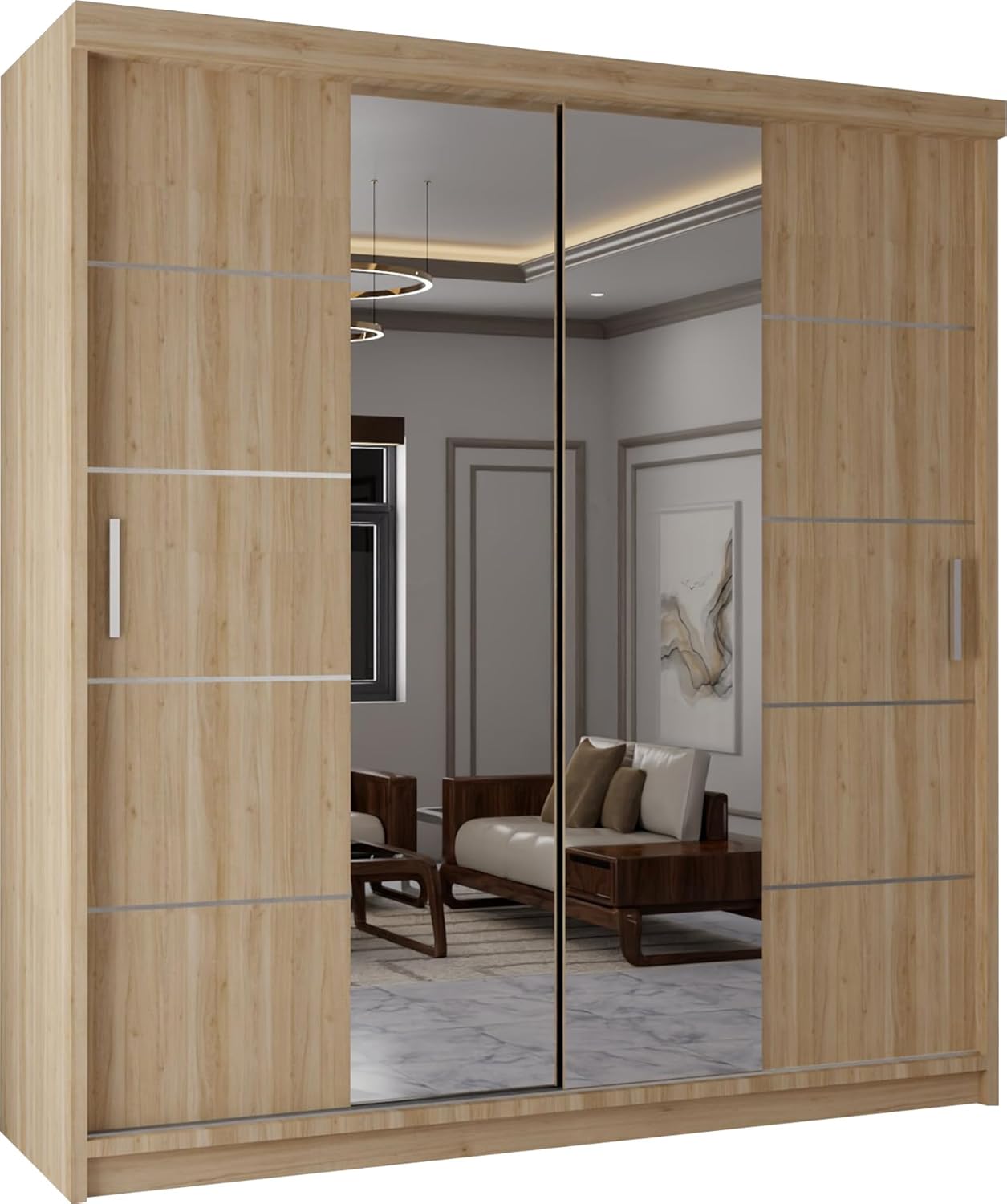 MN Furniture Modern Double Sliding Door Wardrobe 2 Mirrored Hanging Rails & Shelves Storage Cabinet for Bedroom (203cm, Lisbon Oak)