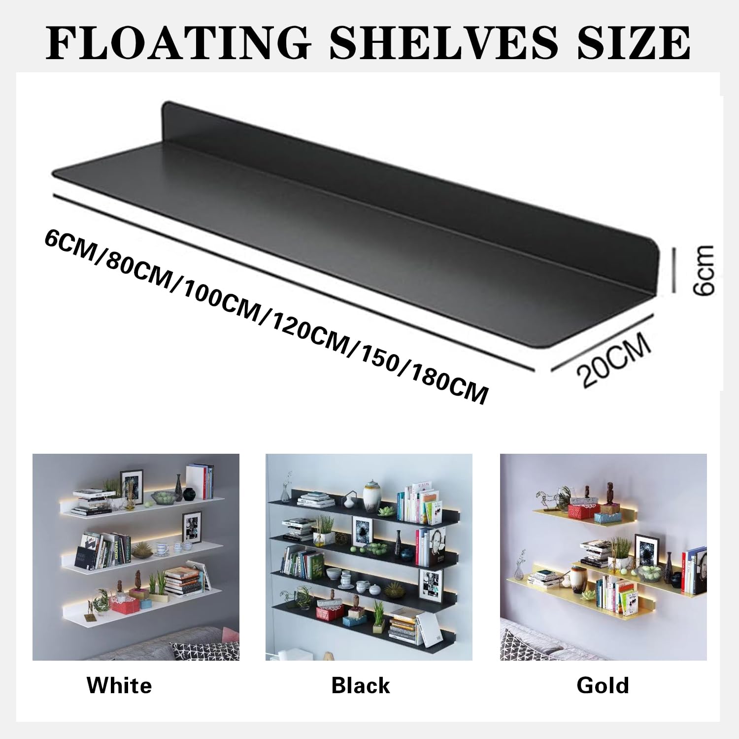 Wandregale, mit LED-Licht beleuchtete Bücherregale, schwebender Organizer für die Inneneinrichtung, langlebige Metallregale zur Aufbewahrung, 1 Stück, schwarz, 100 x 20 x 6 cm