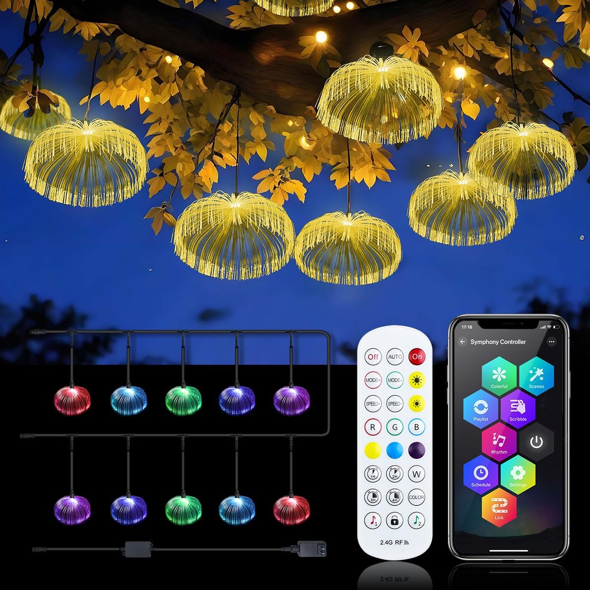 AZIMOM Smart 10pcs Fiber Optic Jellyfish Lamp 32.8ft APP Control Timing Music Sync RGBW Colorful IP67 Waterproof Outdoor Fairy Hanging String Light Garden Trees Christmas Party Wedding Ceiling Decor 32.8ft?APP Control)