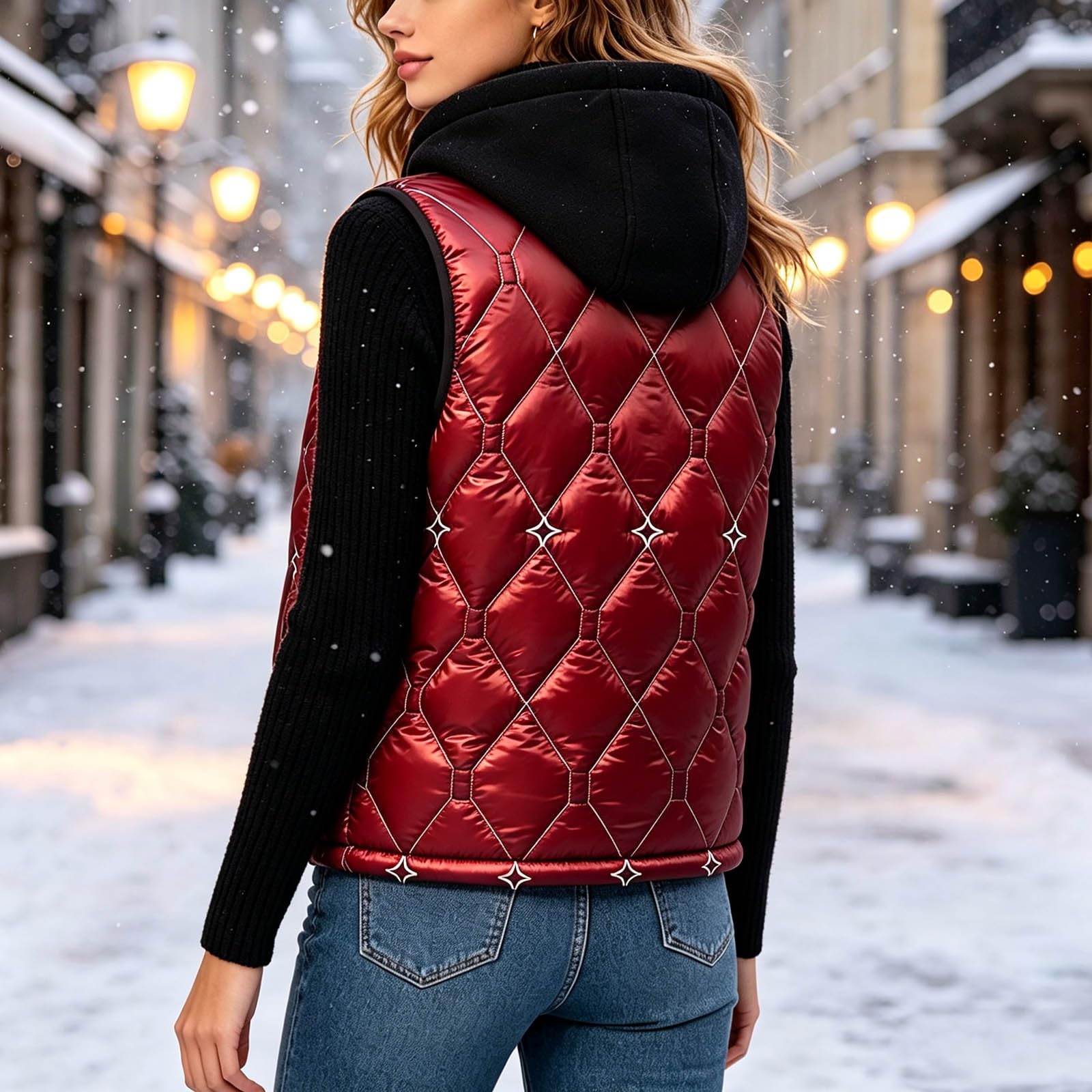 Generisch Gilet trapuntato da uomo, invernale, imbottito, caldo, senza maniche, con cappuccio, per attività all'aperto, invernale, urbano, elegante streetwear
