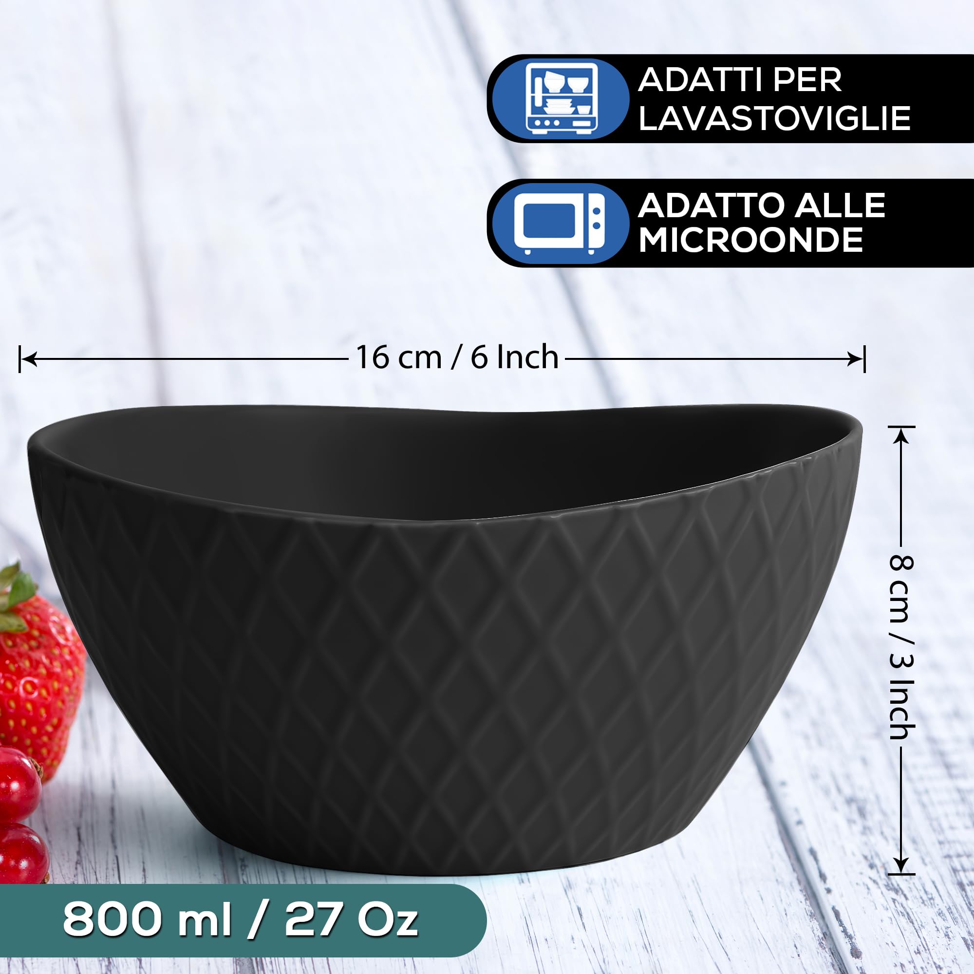 Set Di 6 Ciotole Grandi In Ceramica (800 Ml): Design Sfaccettato, Per Insalate, Zuppe E Cereali. Lavabili In Lavastoviglie.
