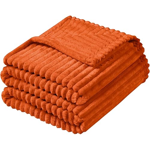 Vessia Flannel Fleece Twin Size Blanket for Bed,Couch,Sofa(60x80inch), 300GSM Microfiber Burnt Orange Striped Bed Blanket for Adults, Super Soft Warm Cozy Lightweight Ribbed Decor for All-Season