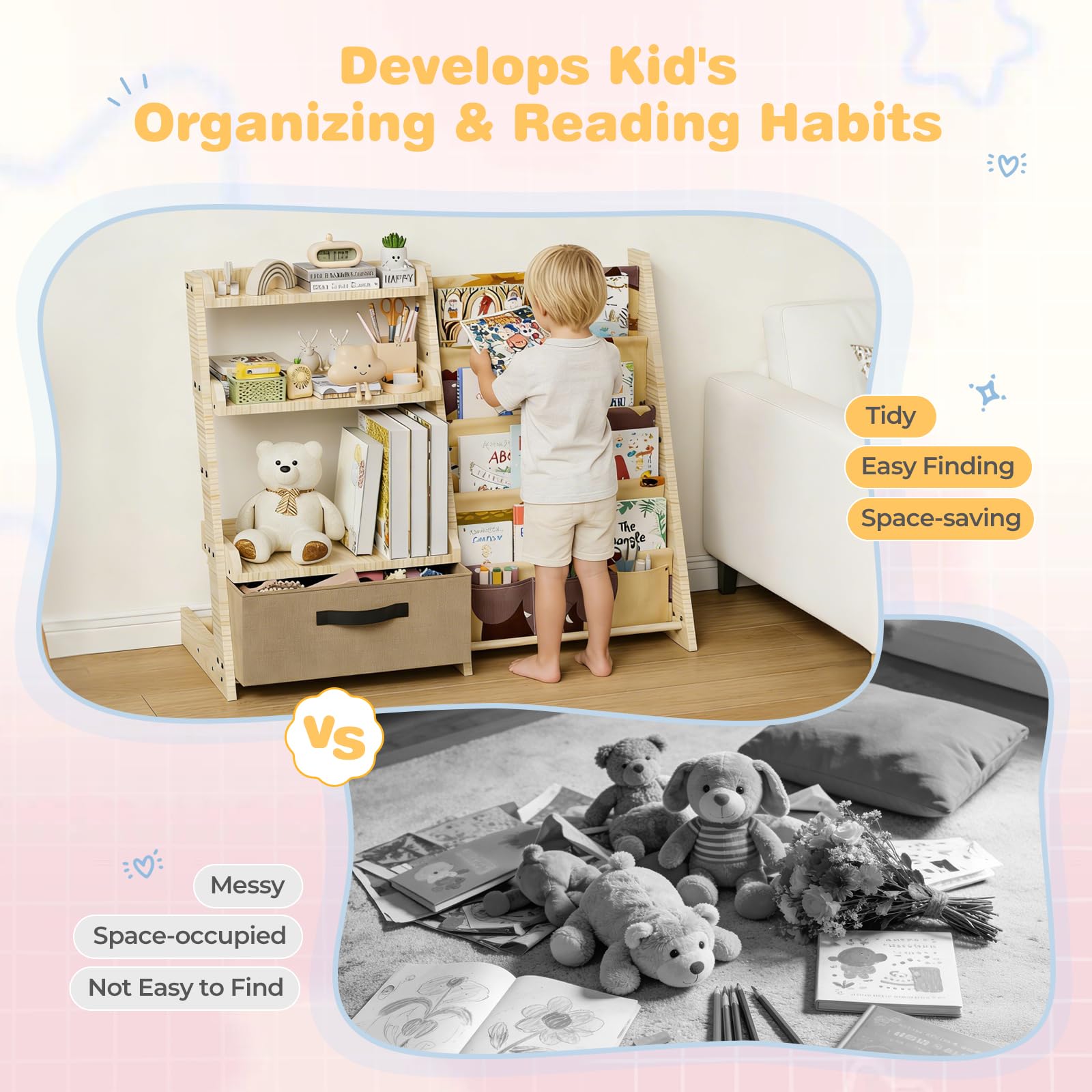 Scaffale per bambini con organizer per giocattoli 2 in 1 – Libreria in legno e tessuto con 4 scomparti, cassetto e tasche portapenne, scaffale sicuro per bambini, altezza 68 cm, per cameretta dei