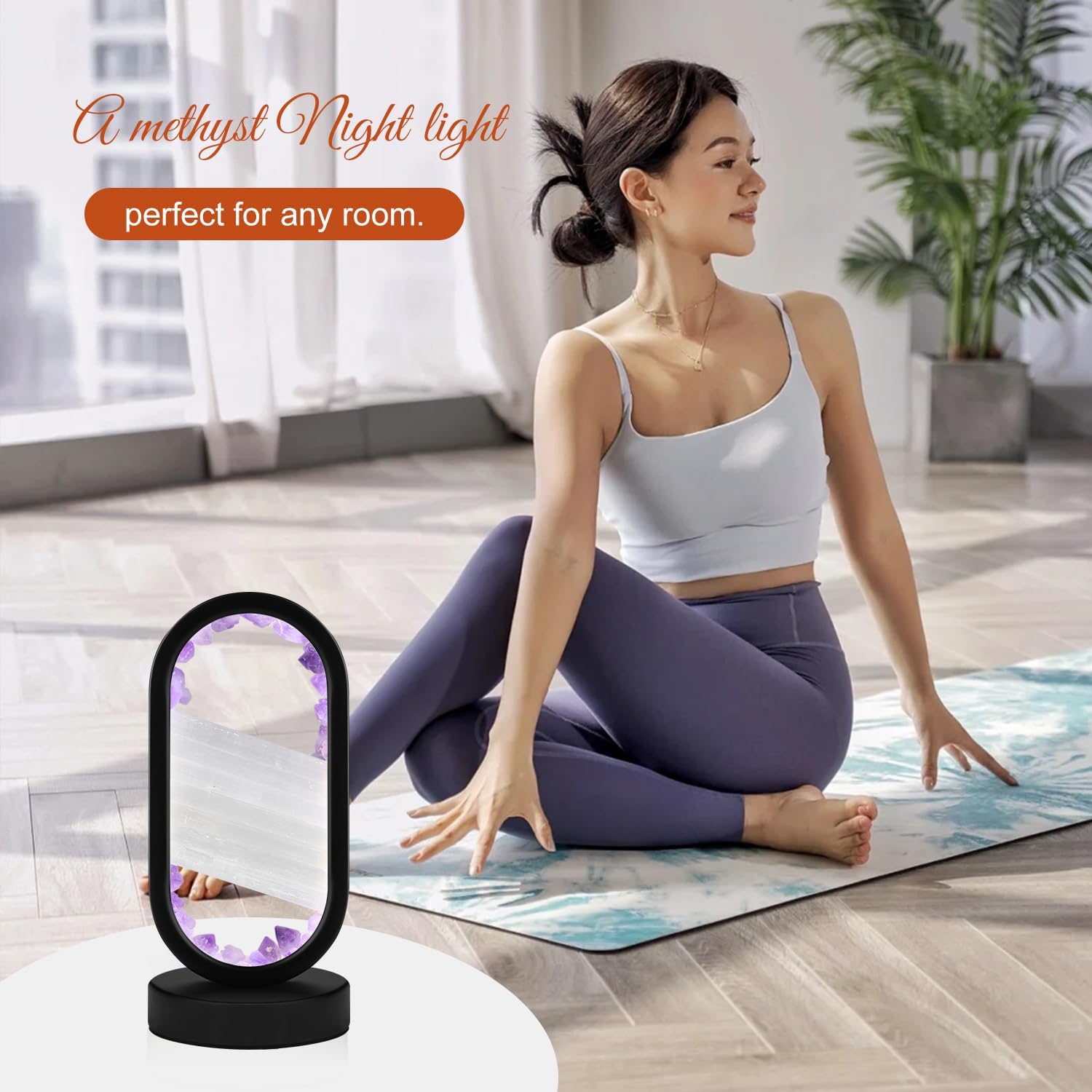 GC QUILL Natural Amethyst and Selenite Crystal Healing Night Table Lamp –3-Color Dimmable Mood Lighting for Meditation Relaxation and Restful Sleep, Purple Crystal Bedroom Decor