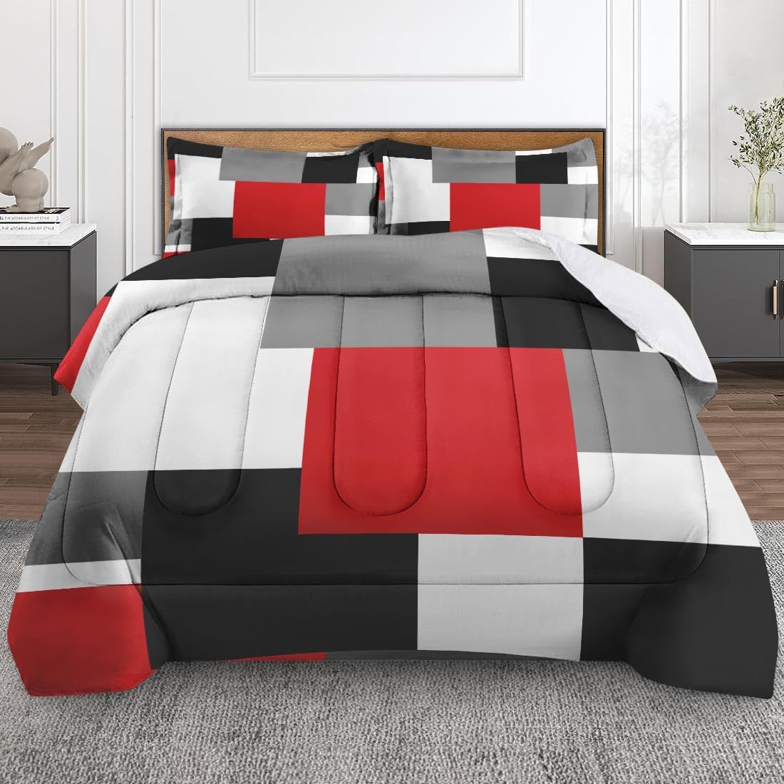 Culudea Geometric Red Checkered Comforter Set Full Size, Black and Gray Modern Soft Bedding Set with 2 Pillowcases for Girls Teens Kids Boys Adults Bedroom Bed Decor,1 Quilt 2 Pillow Cases