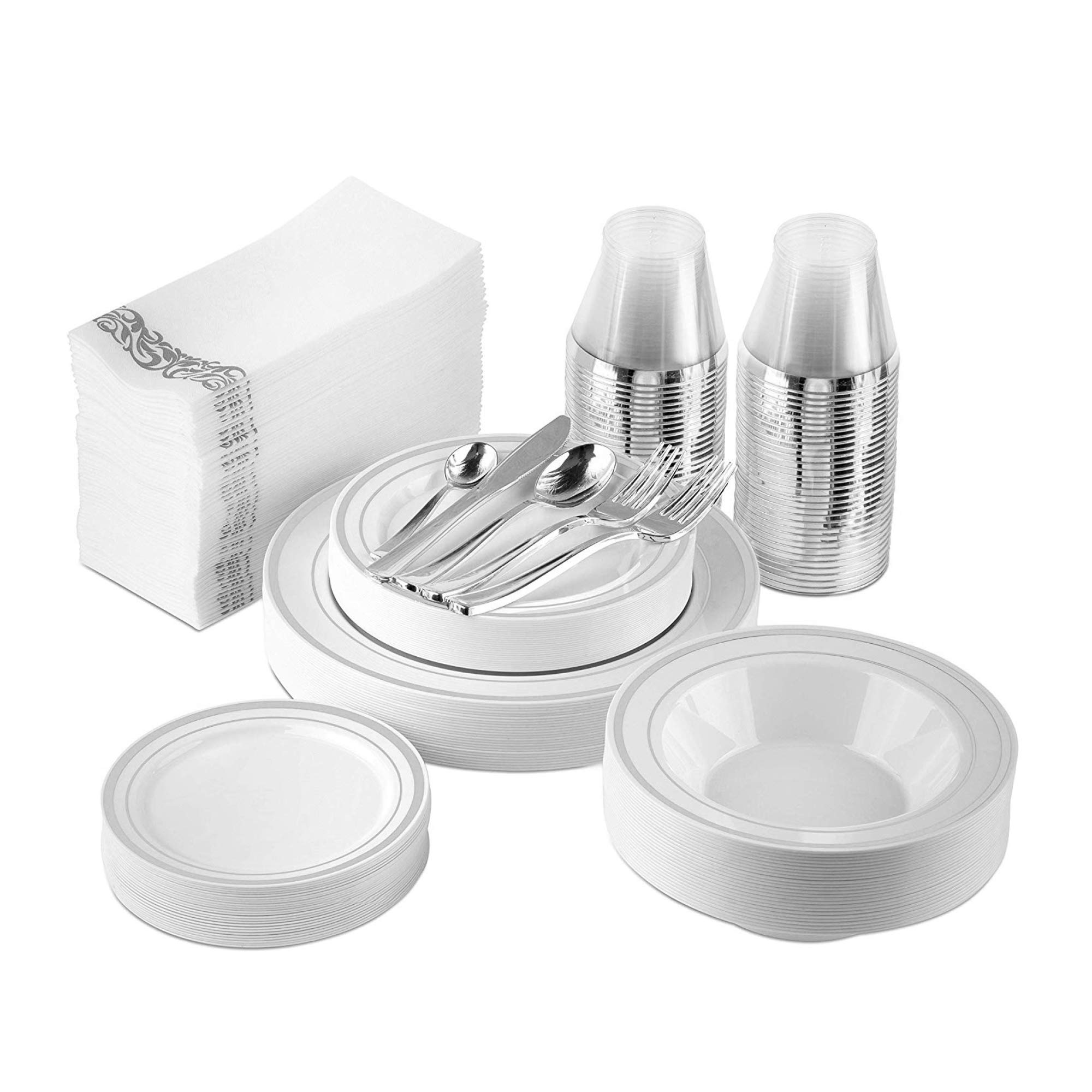 Nice Plastic Plates Silver - 300 Piece Set for 25 Guests Includes 75 Disposable Plates, 50 Forks, 25 Knives, 25 Spoons, 25 Mini Spoons, 25 Bowls, 25 Silver 9 Oz Cups, 50 Guest Towels (Silver Rim)