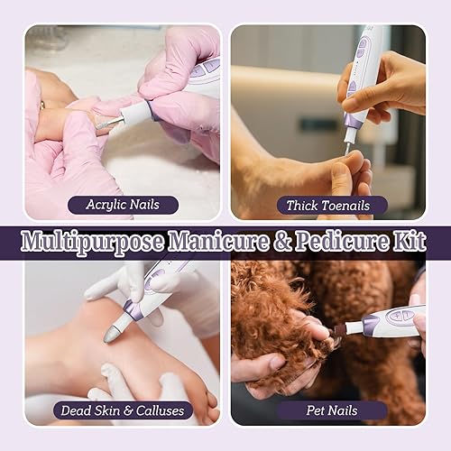 Miniatura 4 de PELCAS Molinillo eléctrico para uñas gruesas, taladro de uñas inalámbrico, kit de manicura y pedicura de 5 velocidades con luz LED, lima de uñas