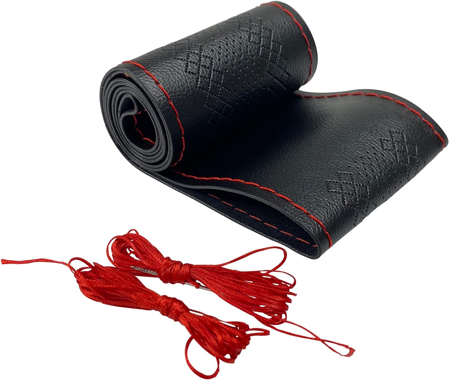 XCBYT Universal Leather Steering Wheel Cover - Red Handsewn DIY Microfiber Leather Stitch On Wrap Soft Anti-Slip Breathable 14.5-15 Inch for Women Men
