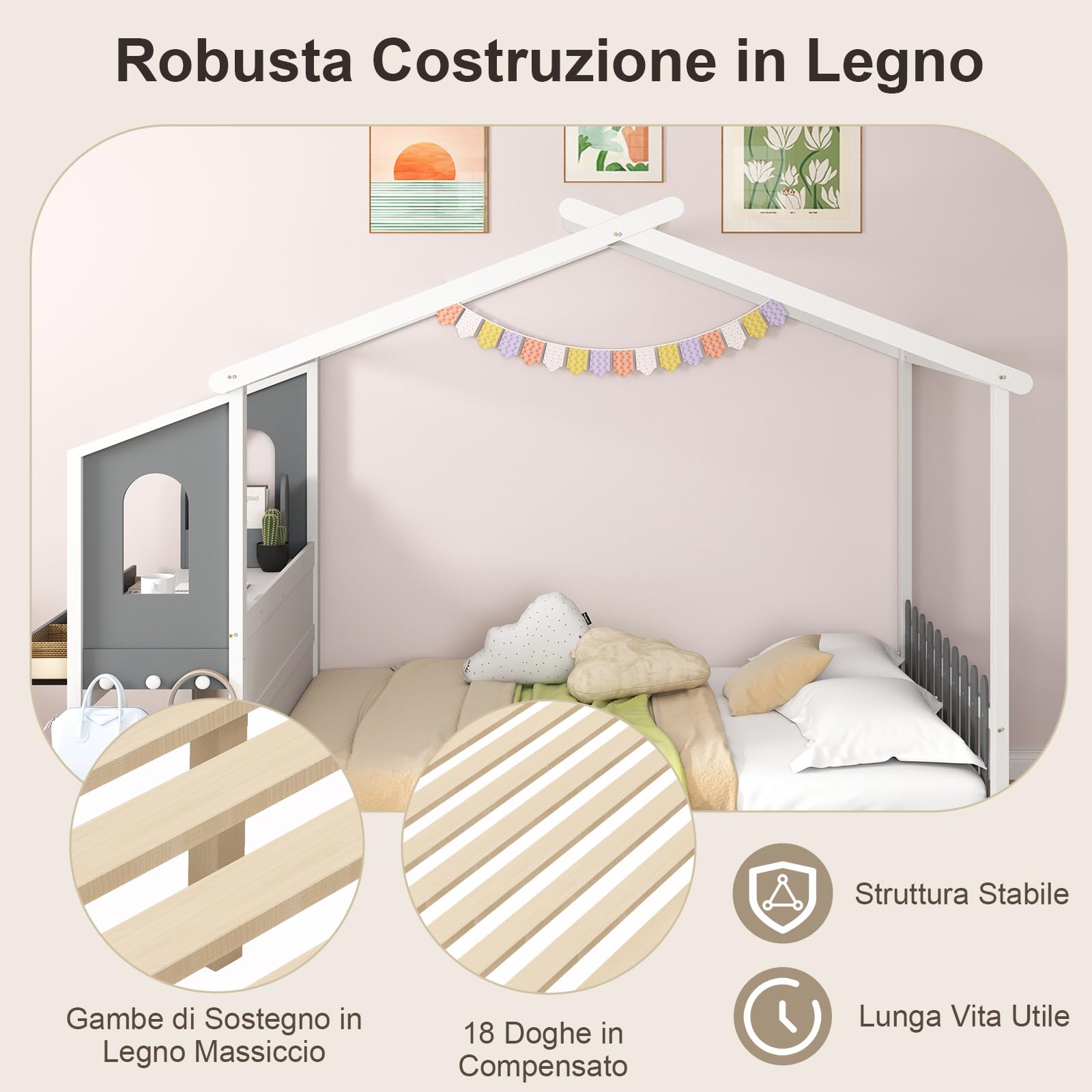 RELAX4LIFE Letto per Bambini in Legno a Forma di Casa con Scrivania Laterale e 2 Cassetti, Lettino a Casetta con Tetto per Ragazzi e Ragazze, Portata 150KG (253x152x193cm)