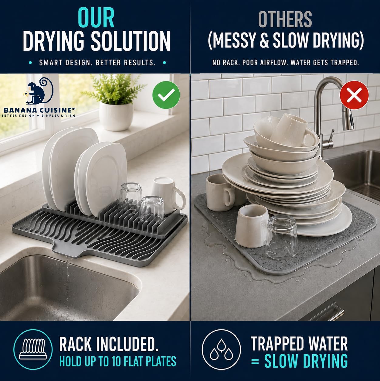 Silicone Drying Mat for kitchen counter, Rack included