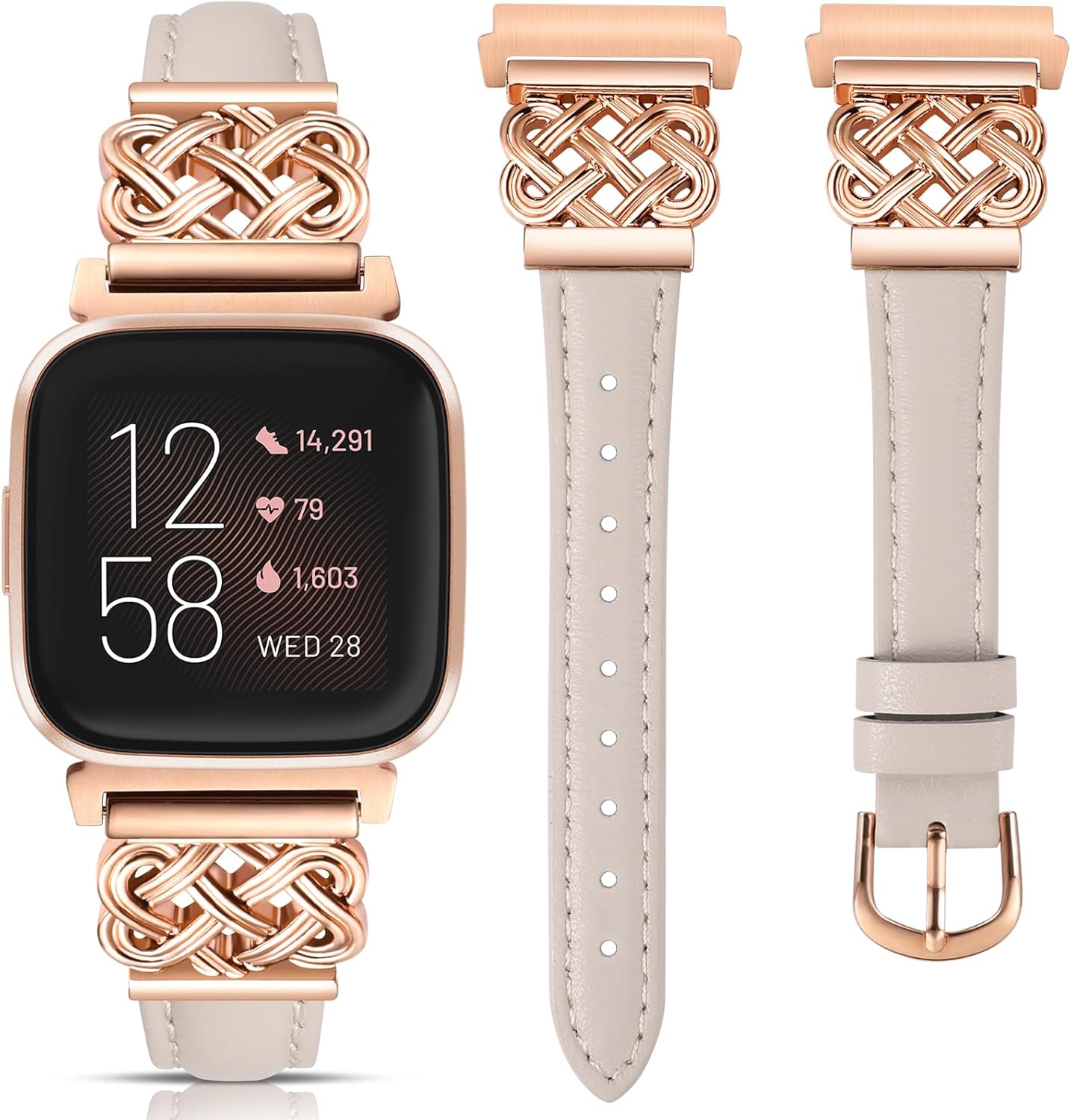 TOYOUTHS Celtic Knot Leather Band Compatible with Fitbit Versa 2/Versa/Versa Lite/SE Band Women, Slim Dressy Thin Designer Premium Leather Strap with Interlock Buckle for Fitbit Versa 2 Smartwatch